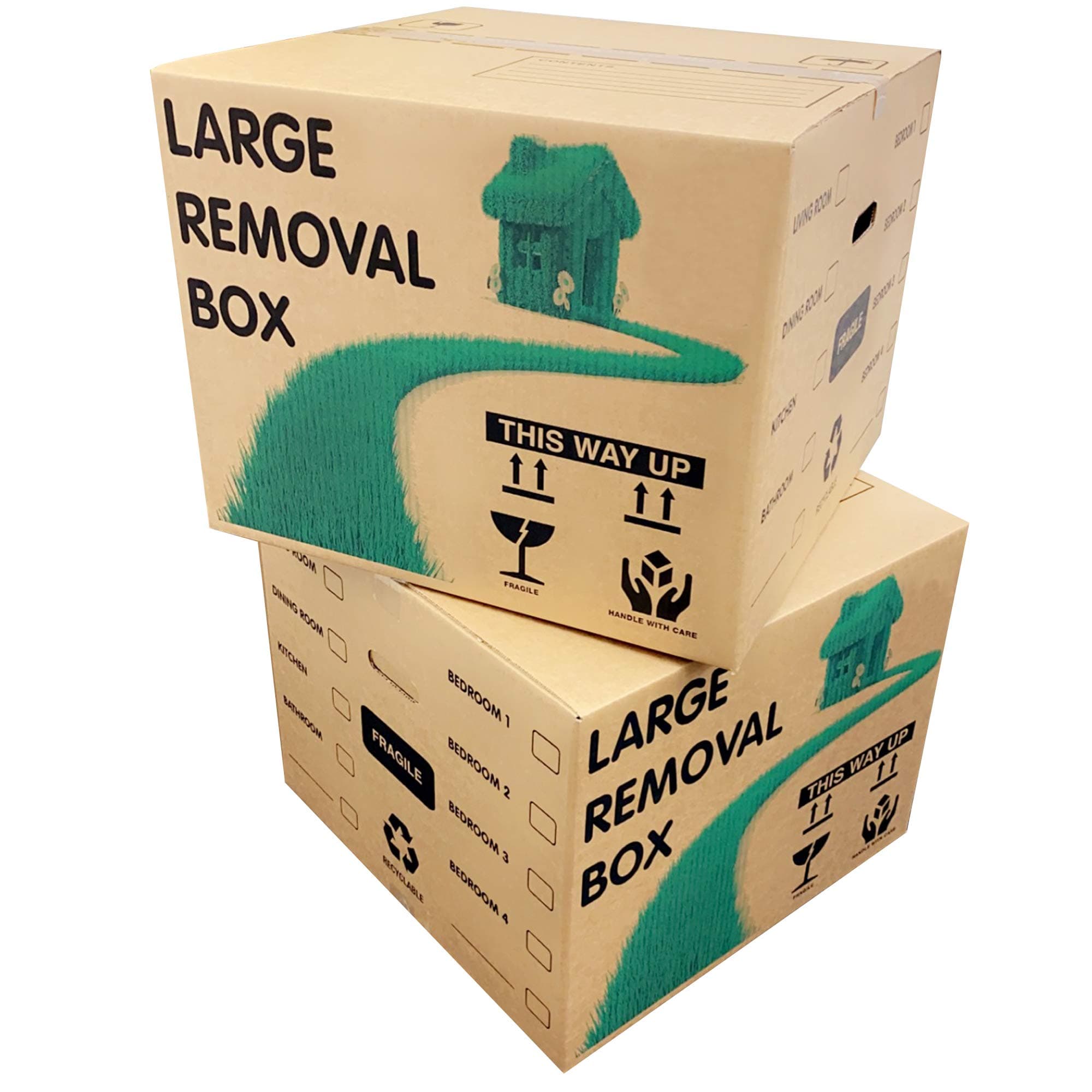 10 x Recyclable Extra Large Strong Cardboard Storage Moving Boxes 53cm x 53cm x 41cm 115 Litres with Carry Handles and Room List