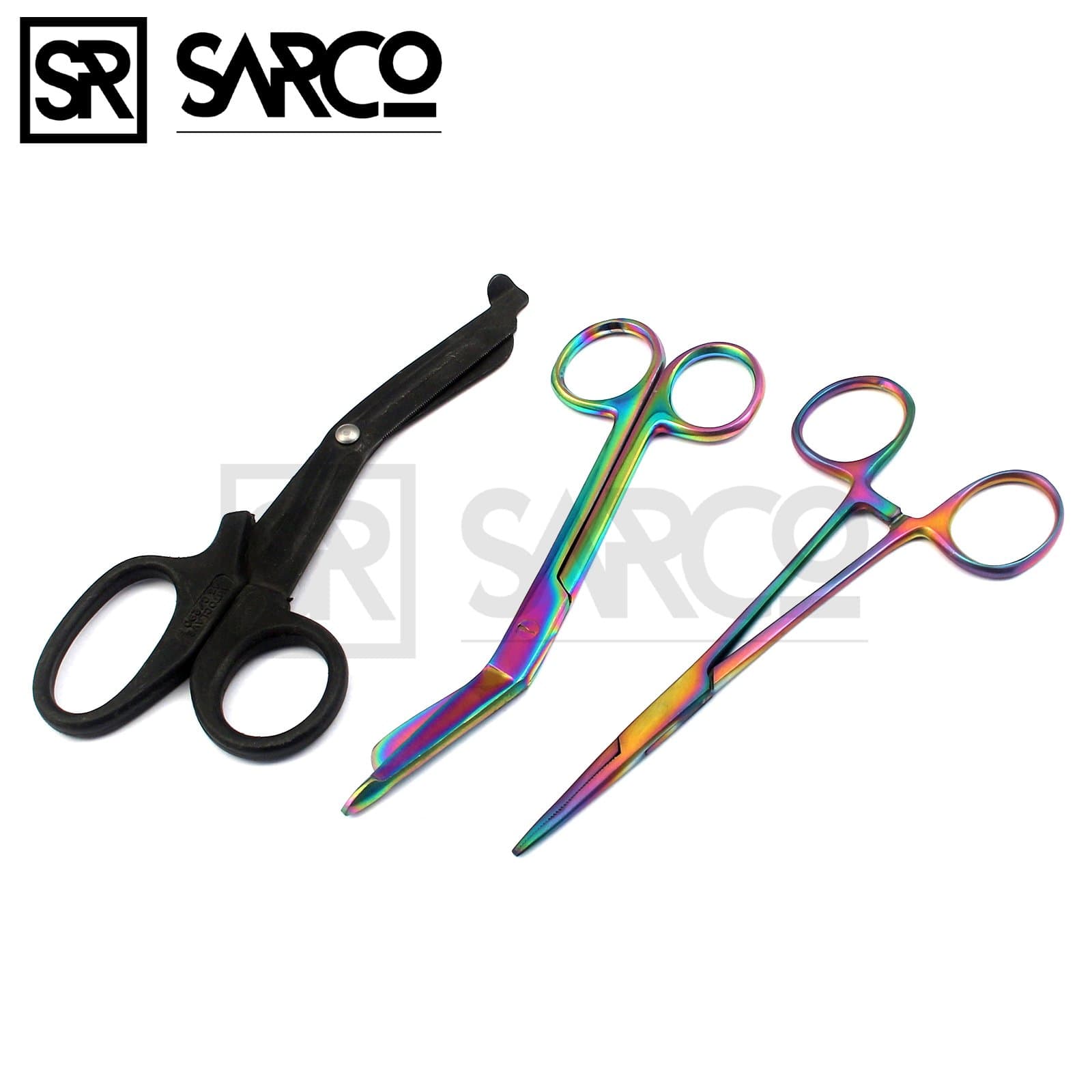 SARCO Titanium Galaxy Rainbow 3 Pc 5.5" Ultimate Hemostat Straight, Lister Bandage Scissor and 7.5" Tactical Black EMT Trauma Shear Ideal for Nurses, EMT, Medical Students, Firefighter, Fisherman, Hob