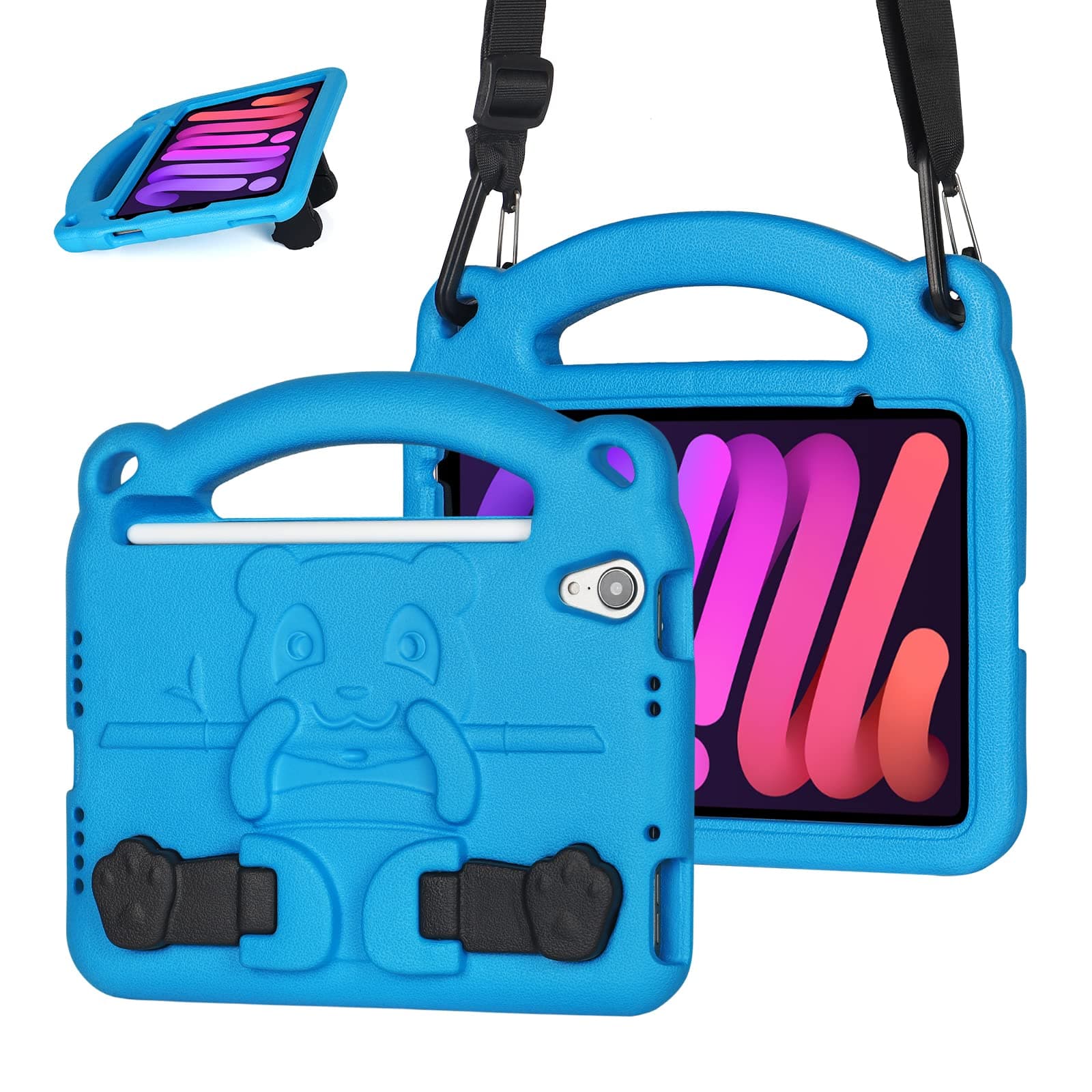 Kids Case for iPad Mini 6th Generation (8.3 Inch 2021), iPad Mini 6 Case for Kids, EVA Shock Proof Light Weight, with Handle Built-in Bracket & Shoulder Strap (Blue)