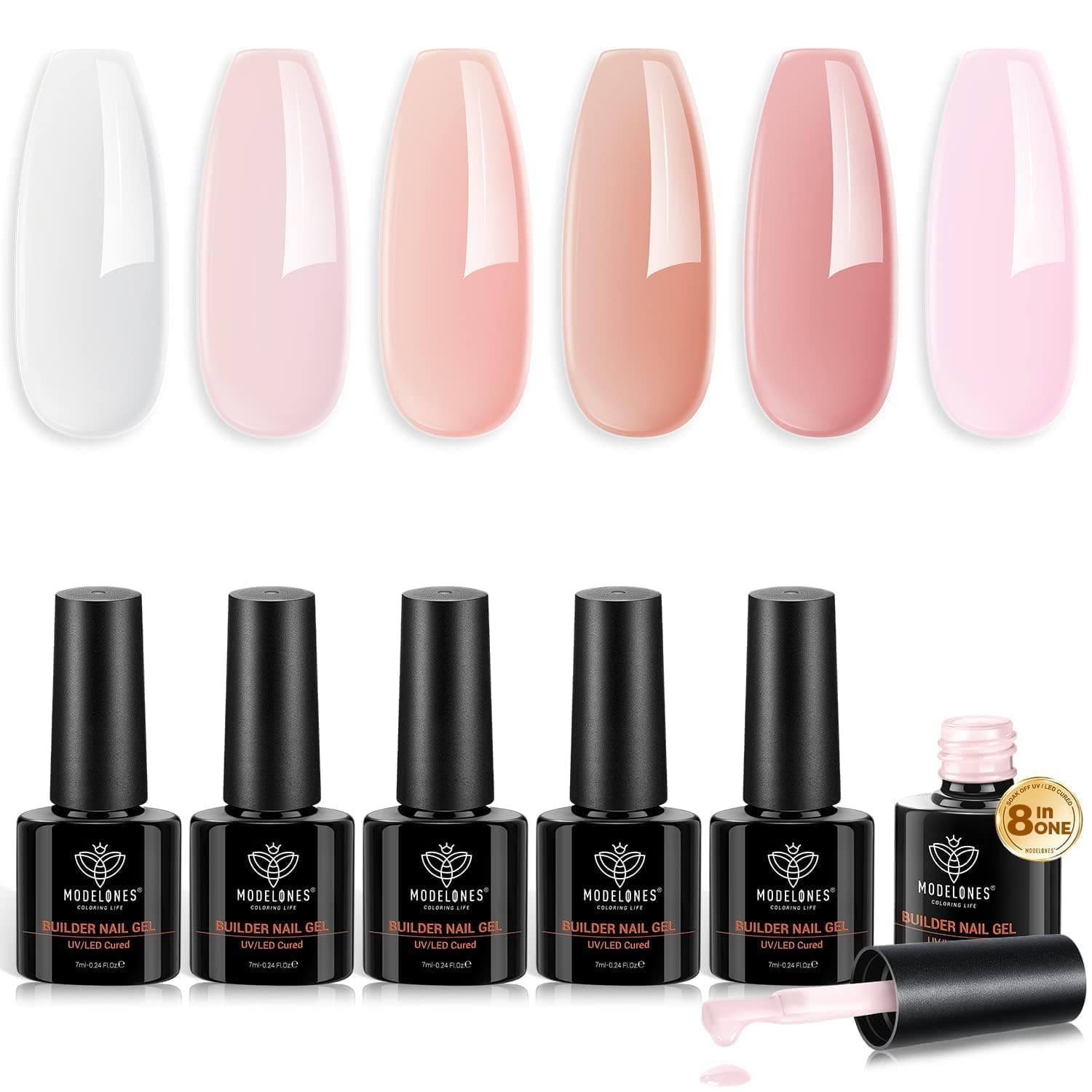 modelones Builder Nail Gel Set, 6 Colors Gel Builder 8-in-One, Jelly Nude Pink Hard Gel Nail Strengthener Extension Gel LED Nail Lamp Cured Color Base Nail Glue Gel in a Bottle