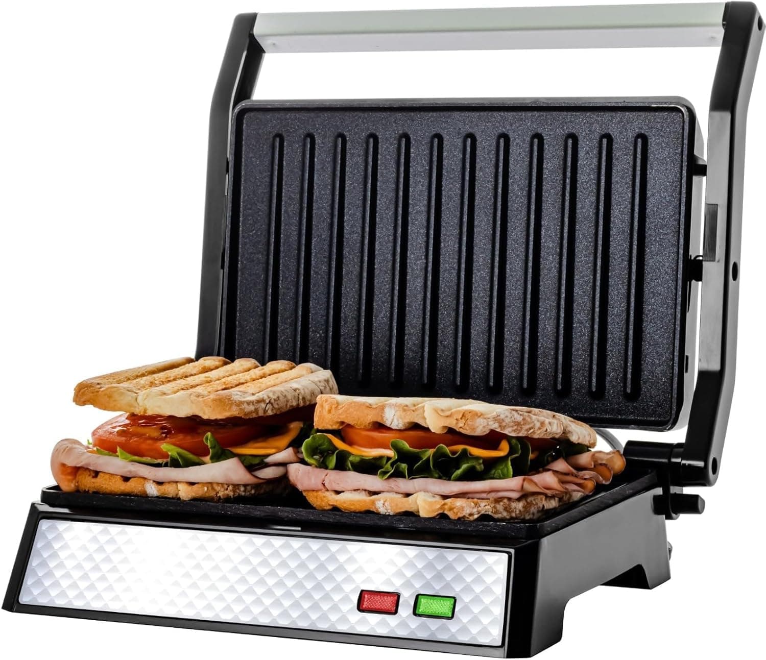 OVENTE Electric Indoor Panini Press Grill and Sandwich Maker with Non-Stick Coated Plates, Cool-Touch Handle and Removable Drip Tray, Opens 180 Degrees to Fit Any Type or Size of Food, Silver GP0540BR