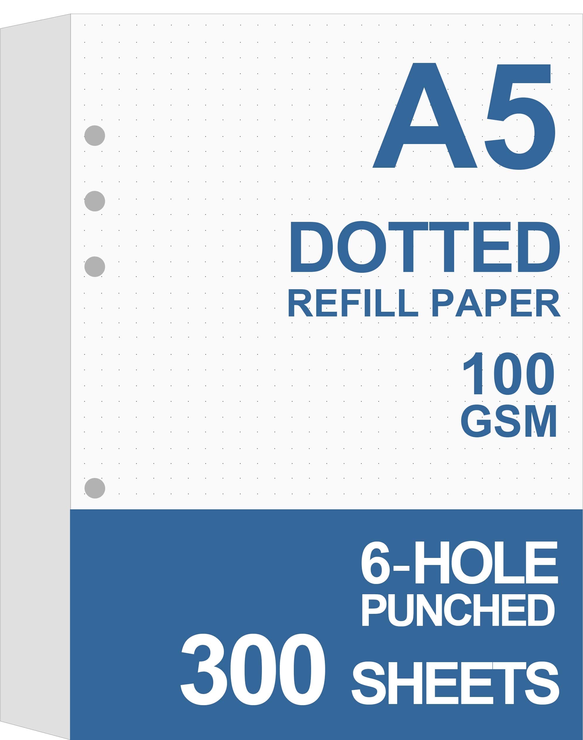 (3-Pack) A5 Dotted Refills Paper for Filofax Planner/Binders/Organizer, 6 Hole Punched, Total 300 Sheets/600 Pages, 100gsm, White, 5.8 x 8.2 Inch