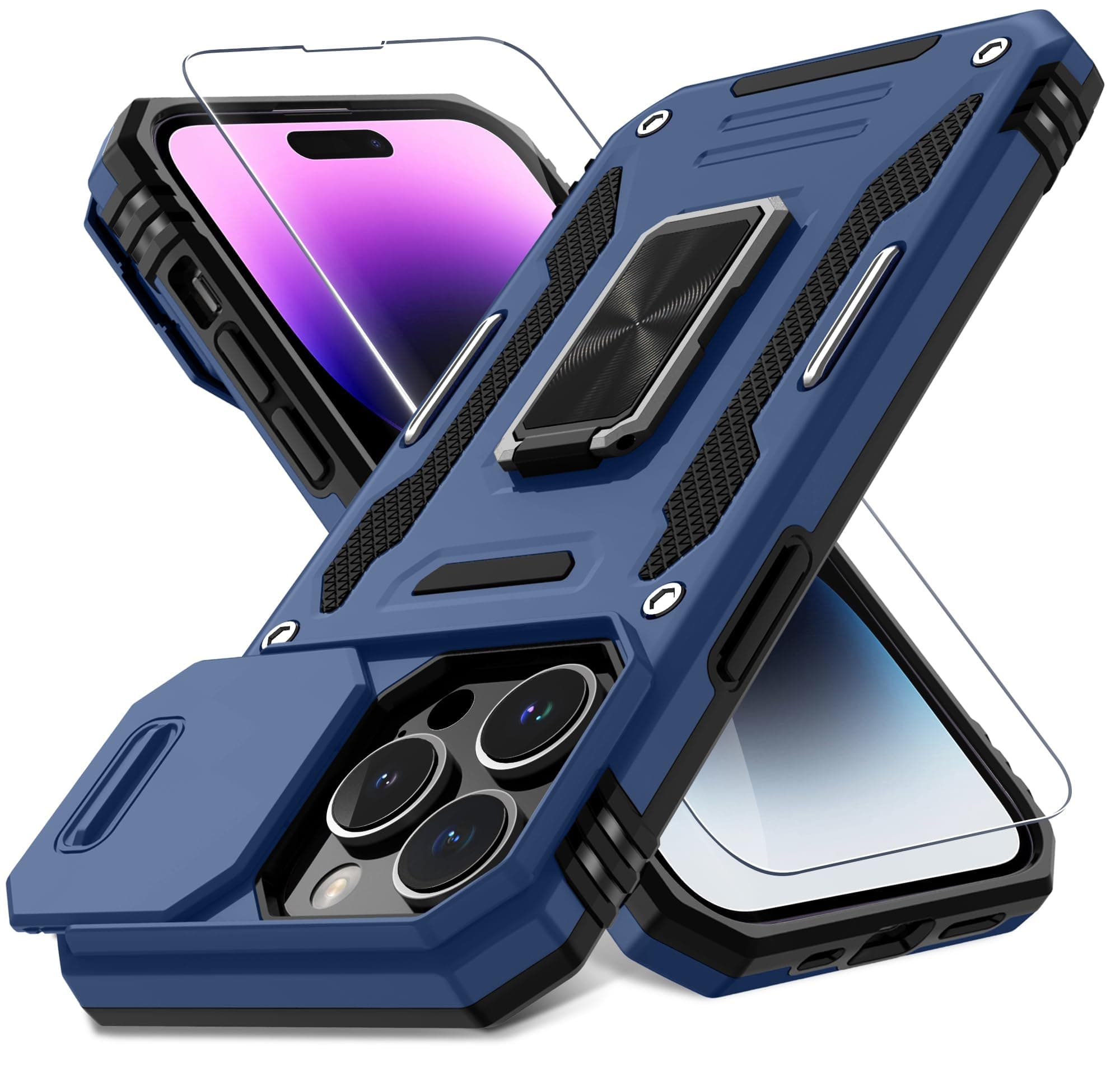 DEERLAMN Case for iPhone 14 Pro Max with Slide Camera Cover+Screen Protector(1 Pack),Rotated Ring Kickstand Military Grade Shockproof Protective Cover 6.7 Inch-Navy Blue
