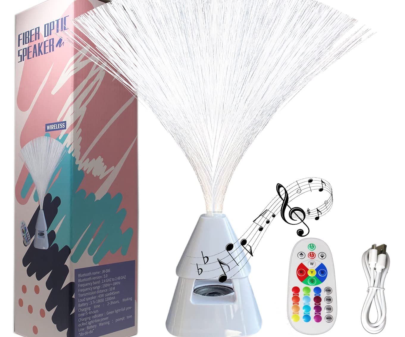 Fiber Optic Lamp Wireless Speaker with Remote Control LED Night Light Mood Light Fiber Optic Light Color Changing Build in Rechargeable Battery