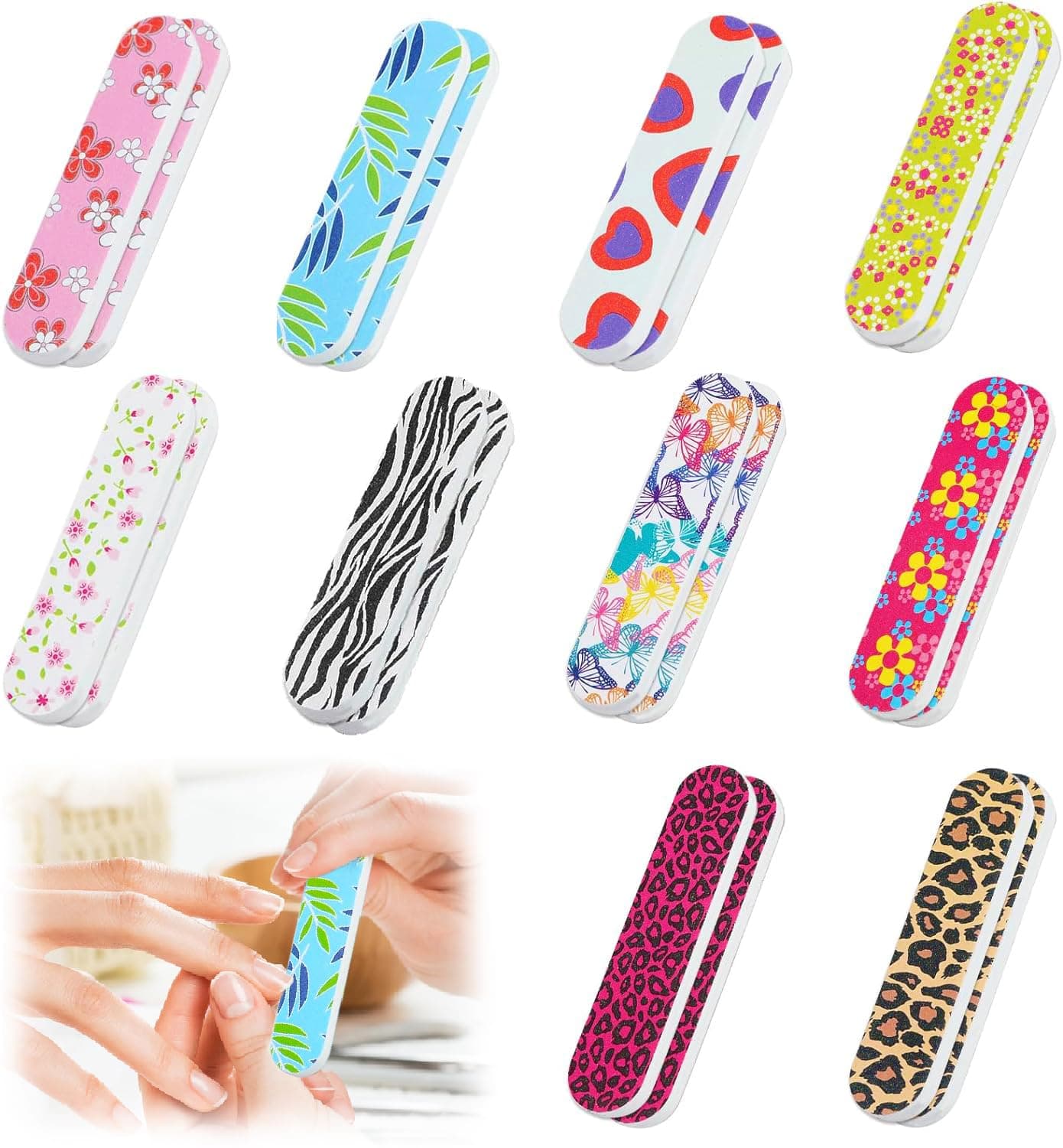 20PCS Professional Nail Files Double Sided Mini Emery Board 180/240 Grit Washable Nail Files, Colorful Floral Fingernail Buffering Files Manicure Tools Nail Styling Tools Pet Grooming Tools