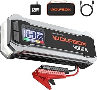 – WOLFBOX 4000A Jump Starter Power Pack, 12V Car Battery Booster Jump Starter with 65W Quick Charger, 88.8Wh Battery Booster Pack (10L Gas 10L Diesel Engine) with LED Light, Booster, Jump Leads