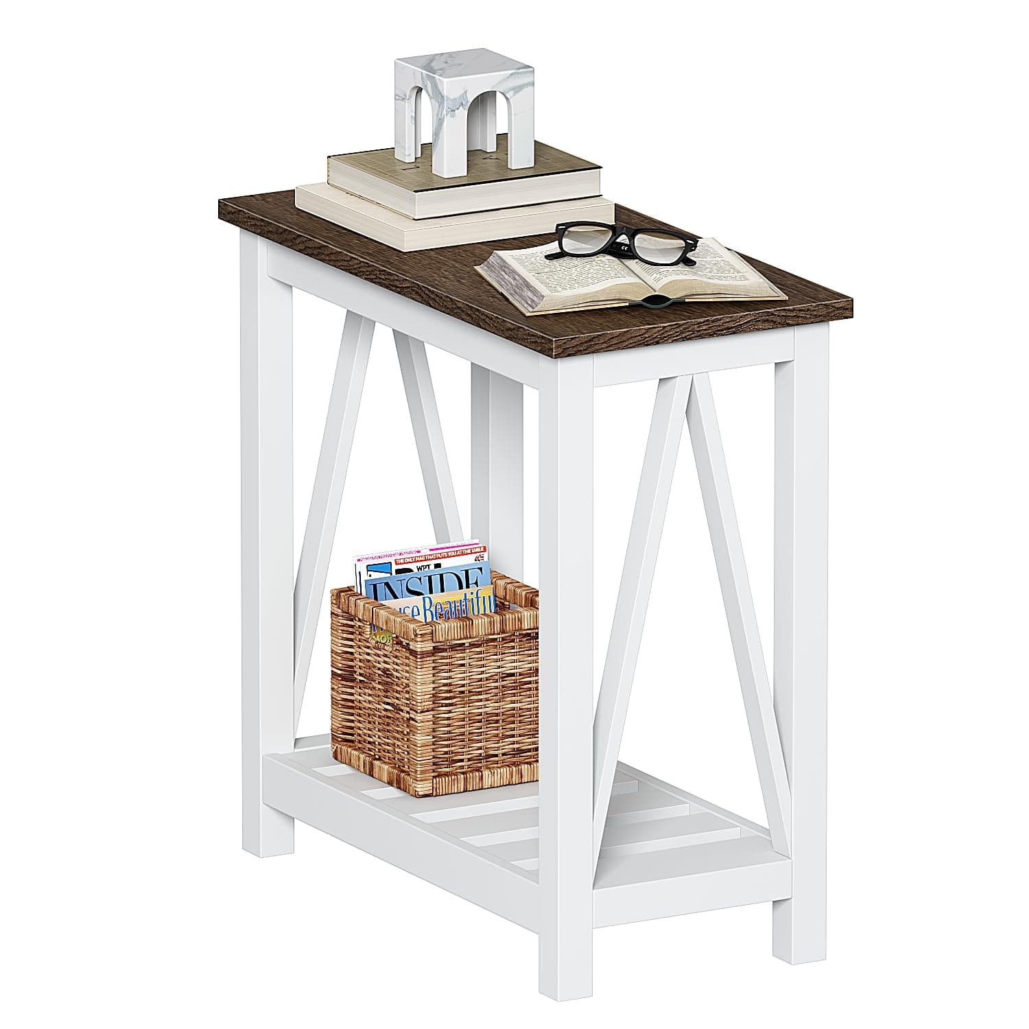 Farmhouse End Table, Narrow Side Table, Slim End Table with Storage Shelf for Small Spaces, Rustic Nightstand, for Living Room, Bedroom White