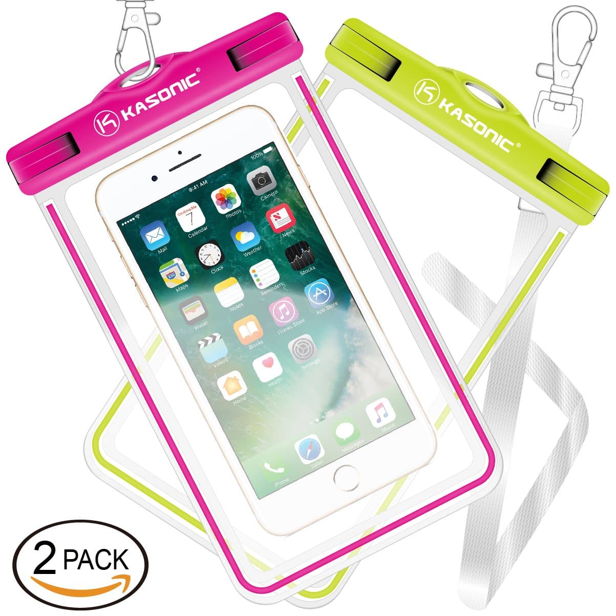Waterproof case, Kasonic Universal Waterproof Bag Pouch, Clear Sensitive Touch Screen, for iPhone 7/6/6S Plus/5/5s/5c Galaxy S7/S7 Edge/S6/S5/S4 Note 4/3 LG G5/G3 (Green & Pink)
