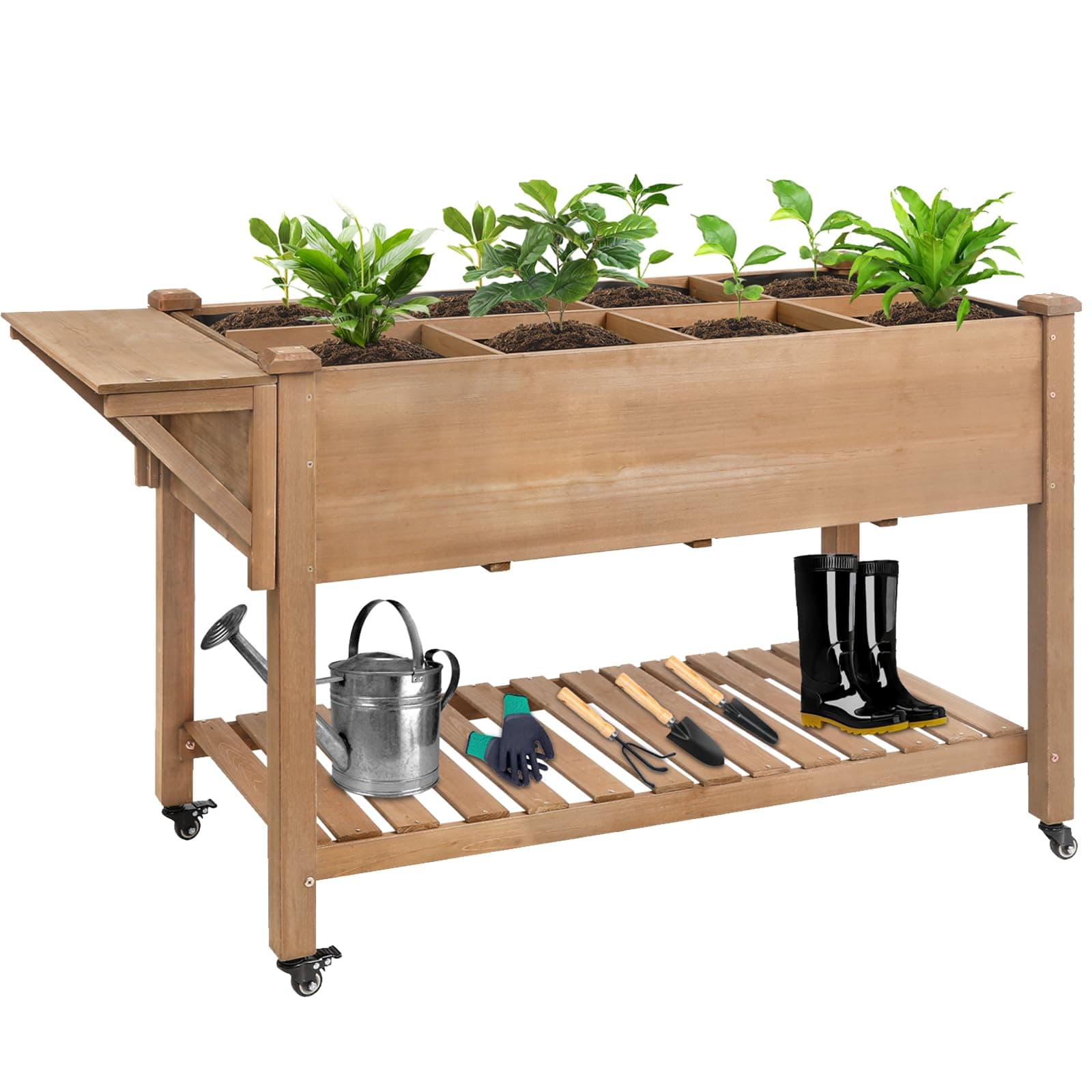 Raised Garden Bed with Lockable Wheels Mobile Elevated Wood Planter,Storage Shelf, Protective Liner,55.5x24x32in (Brown)