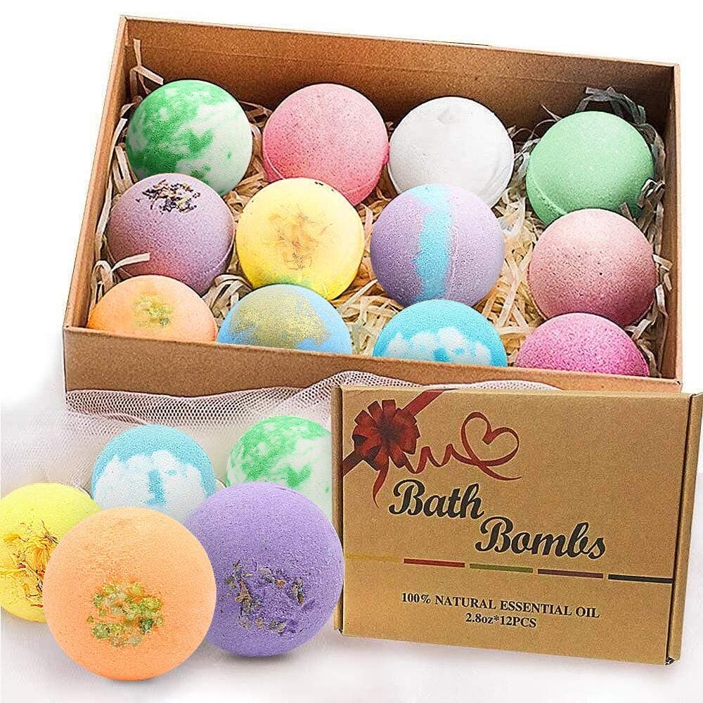 - Bath Bombs Gift Set Large 12 PCS 2.8oz Organic Natural Essential Oils, Relax and Moisturize Skin, Luxury Spa Bomb Gifts for Girl, Mom, Kids, Wife, Birthday, Valentine's Day, Anniversary