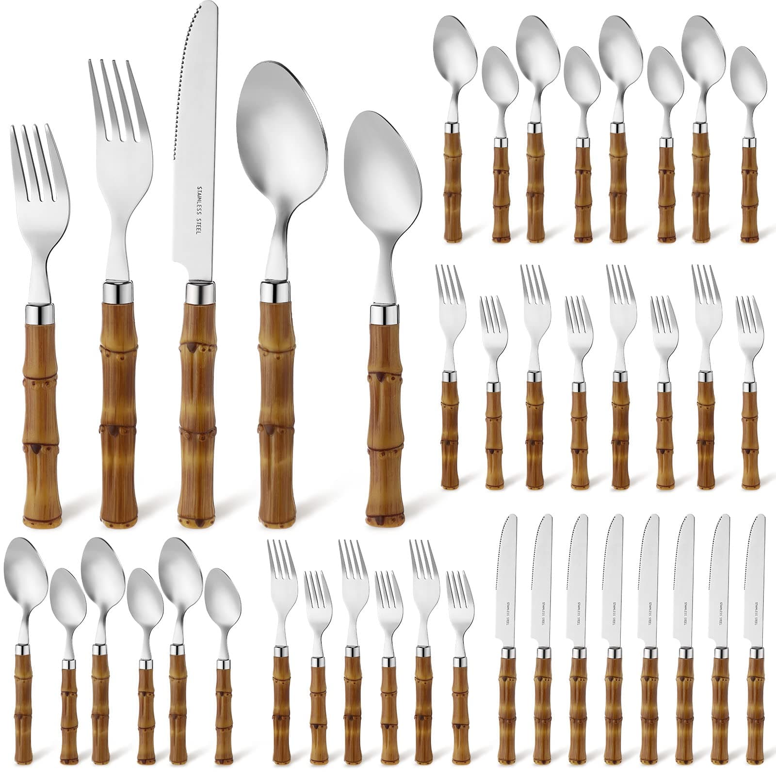 Coume40 Pcs Bamboo Flatware Set for 8 Bamboo Utensils Bamboo Cutlery Bamboo Silverware Stainless Steel Tableware Spoons Forks Knife Set with Plastic Handle