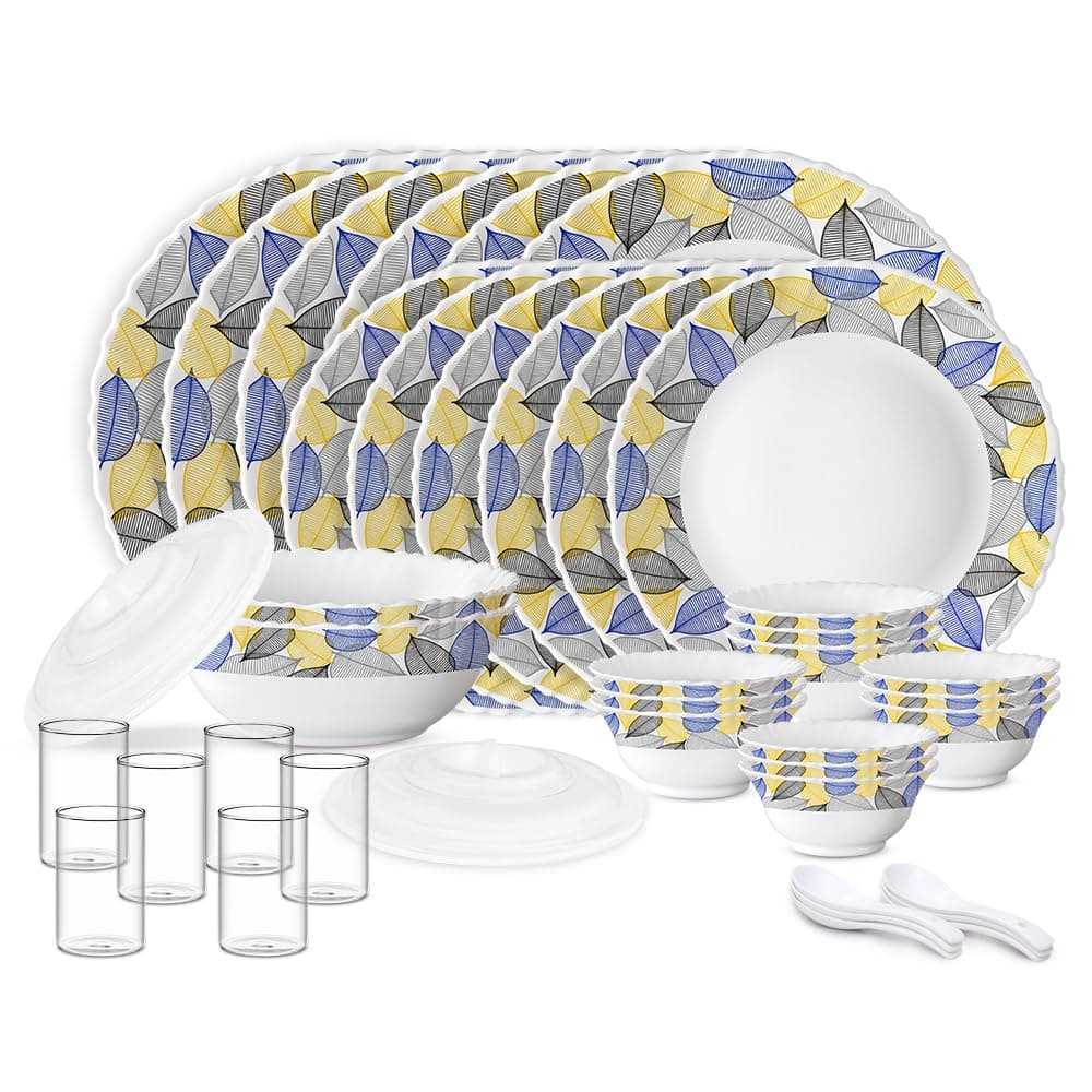 Silk Series Kora Opalware Dinner Set with Vision Glass | 40 pcs for Family of 6 | Microwave & Dishwasher Safe | Plates & Bowls | Crockery for Dining & Gifting | Leaf Pattern