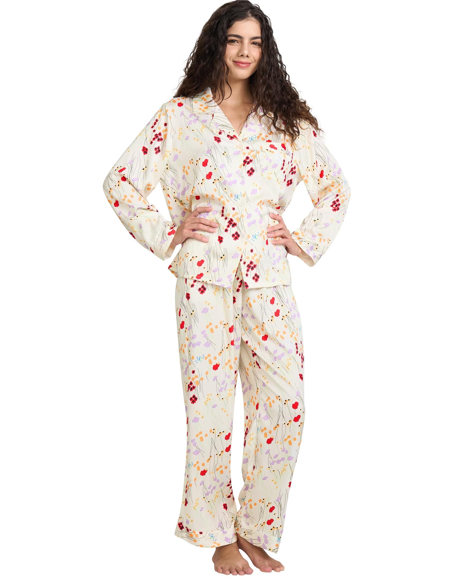 Womens Silk Satin Pajamas Set Button Down 2 Piece Pjs Long Sleeve Oversized Sleepwear with Pockets