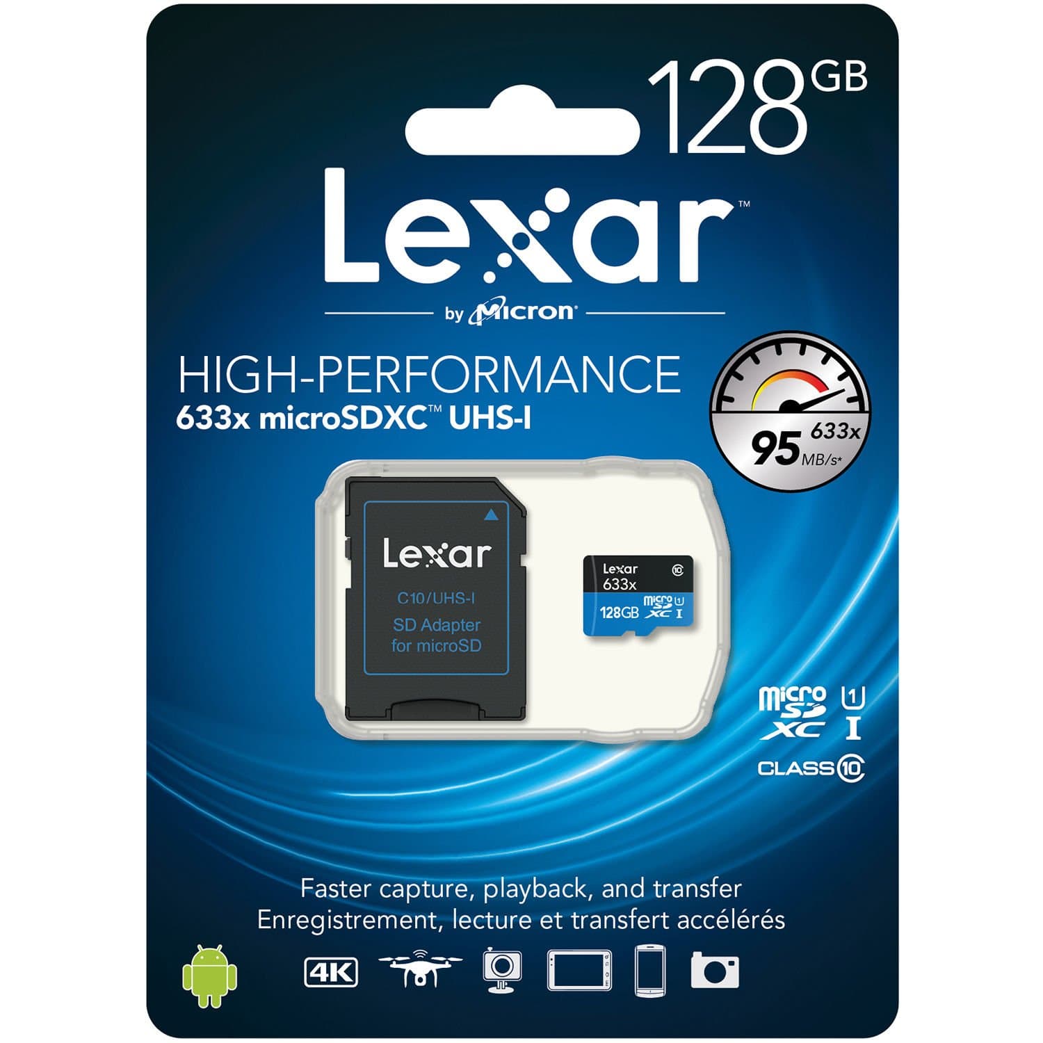 Lexar High-Performance 633x 128GB Micro SD Card, microSDXC UHS-I Card w/ SD Adapter, Up to 100MB/s Read, TF Card for Smartphones, Tablets, and Action Cameras (LSDMI128BBEU633A)