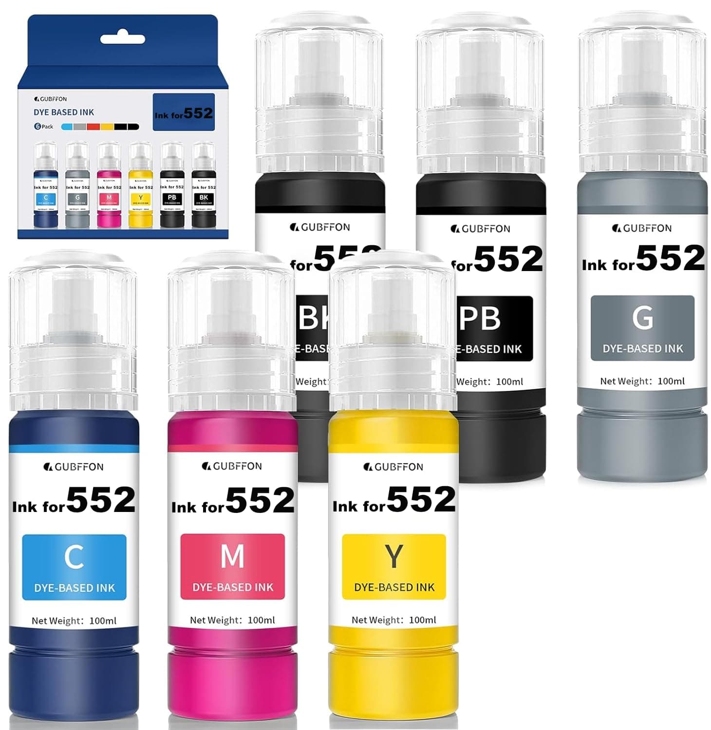 Compatible for 552 Ink 600ml Refill Ink Bottle Replacement for EcoTank Photo ET-8550 ET-8500 Printer High Capacity 6-Pack (Not Sublimation Ink)