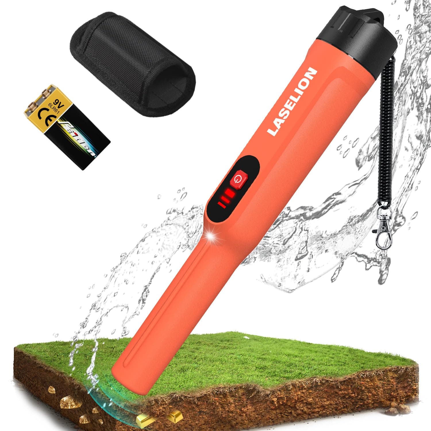 Metal Detector Pinpointer, Professional IP68 Fully Waterproof 360°Detection Handheld Pin Pointer Wand, Search Treasure Pinpointing Finder Probe with 9V Battery for Adults, Kids - Orange
