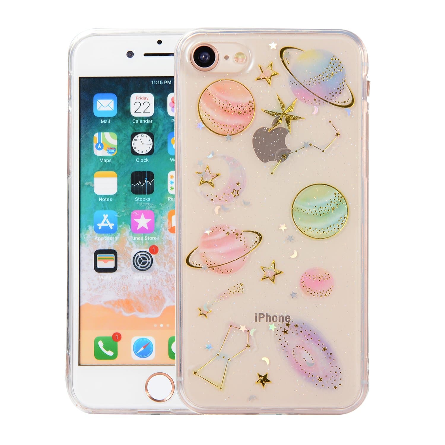 CMEKA Slim Fit iPhone 8 Case Bling Glitter Sparkle Space Planet Stars Moon Embedded Slippy Ultra Thin Flexible Soft TPU Protecive Phone Case Cover Compatible with Apple iPhone 7/8 (Clear)