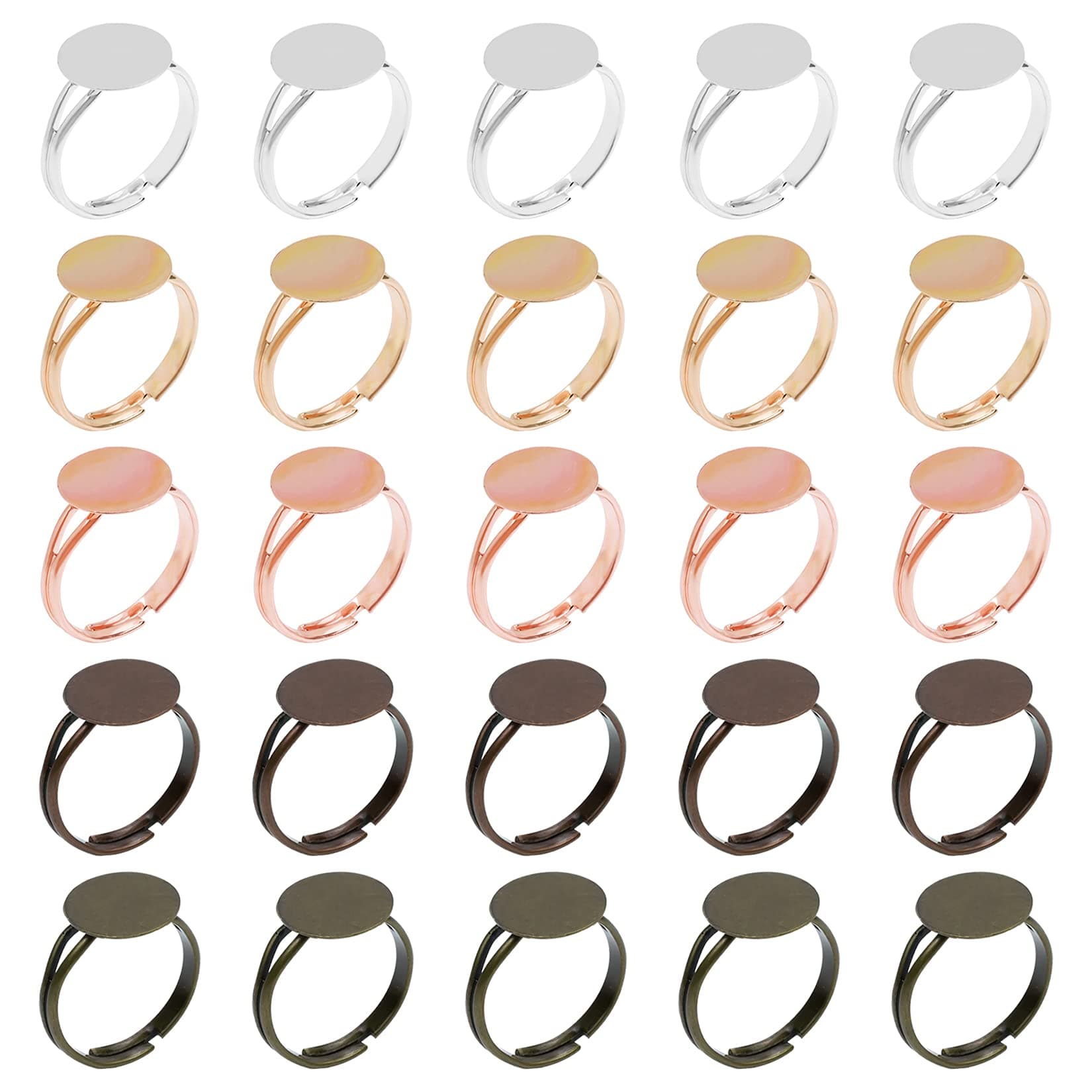 SUMERSHA 50pcs Blank Rings Adjustable Flat 12mm Base Rings Blank Jewelry Findings Components for Making DIY Crafts, 5 Colors