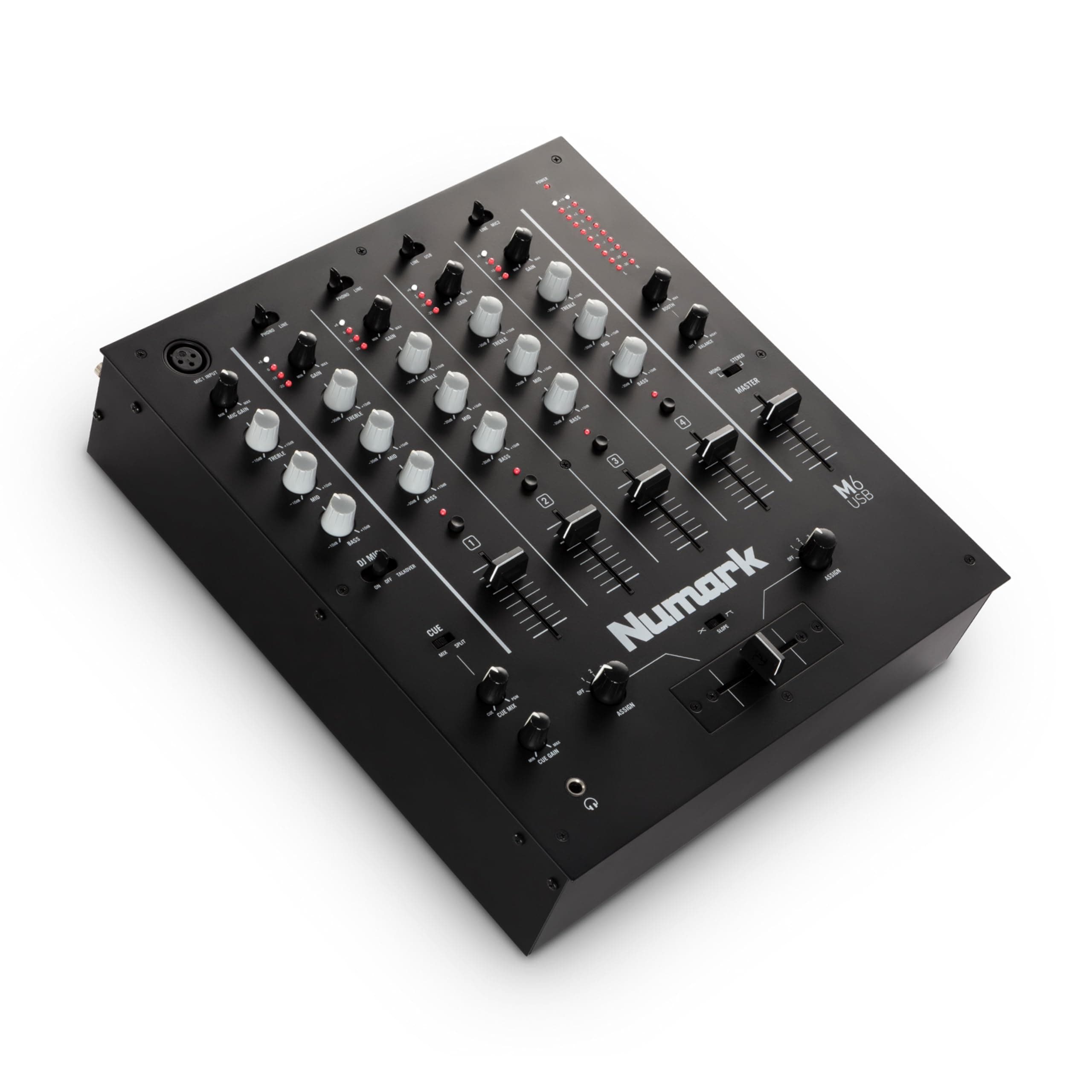 Numark M6 USB 4-Channel DJ Mixer with Built-In Audio Interface, 3-Band EQ, Microphone Input and Replaceable Crossfader with Slope Control