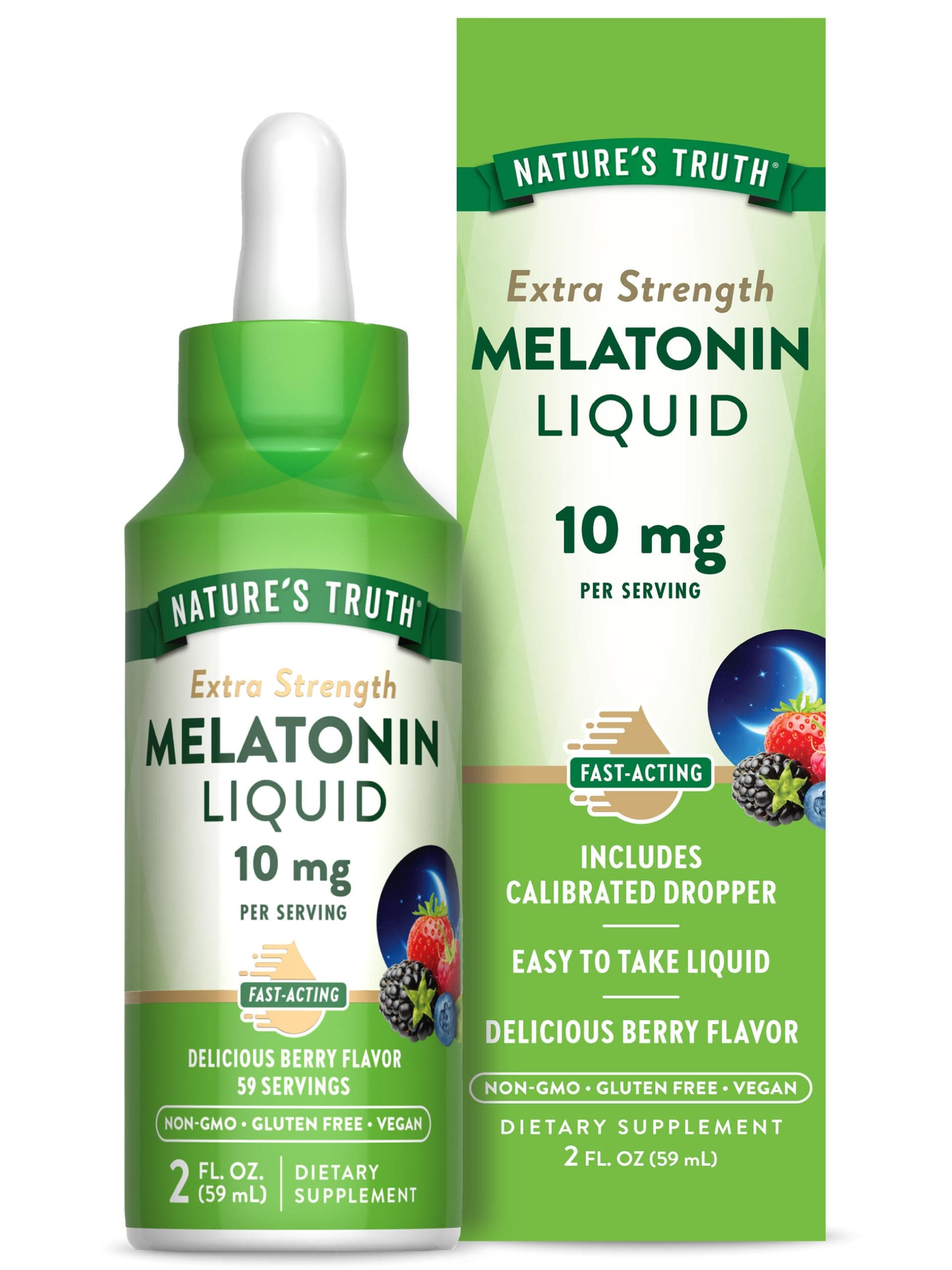 Nature's Truth Melatonin Liquid | 10 mg | 2 Fl oz Maximum Strength for Adults | Berry Flavor | Vegan, Non-GMO & Gluten Free Supplement