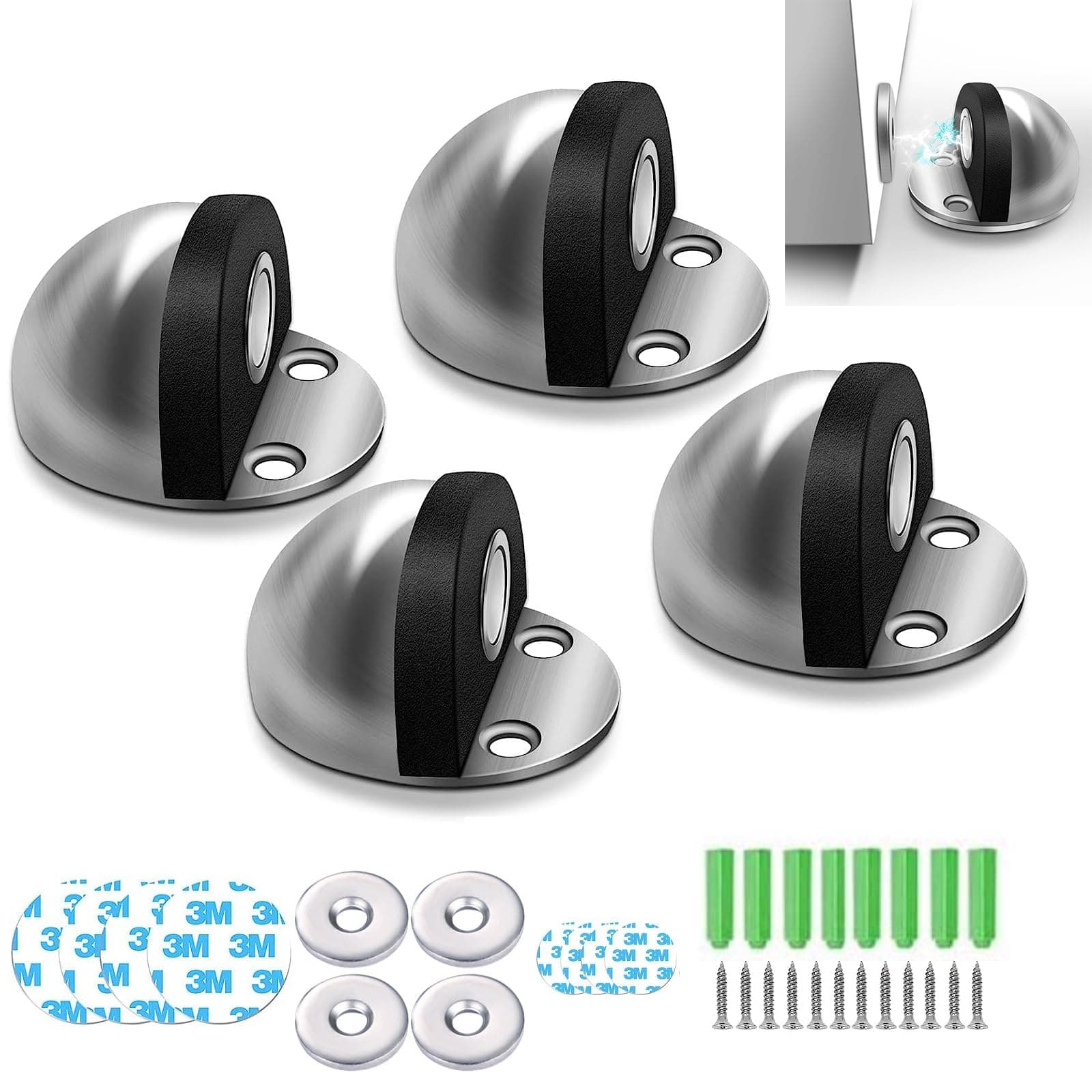 X spring Door Stoppers, 4 Pack Magnetic Door Stop, Silver Wall Protector, Floor Door stops Stainless Steel Magnet Door Catch, Door Stoppers Wall Protector for Hotel Home Restaurant, Ground Mount