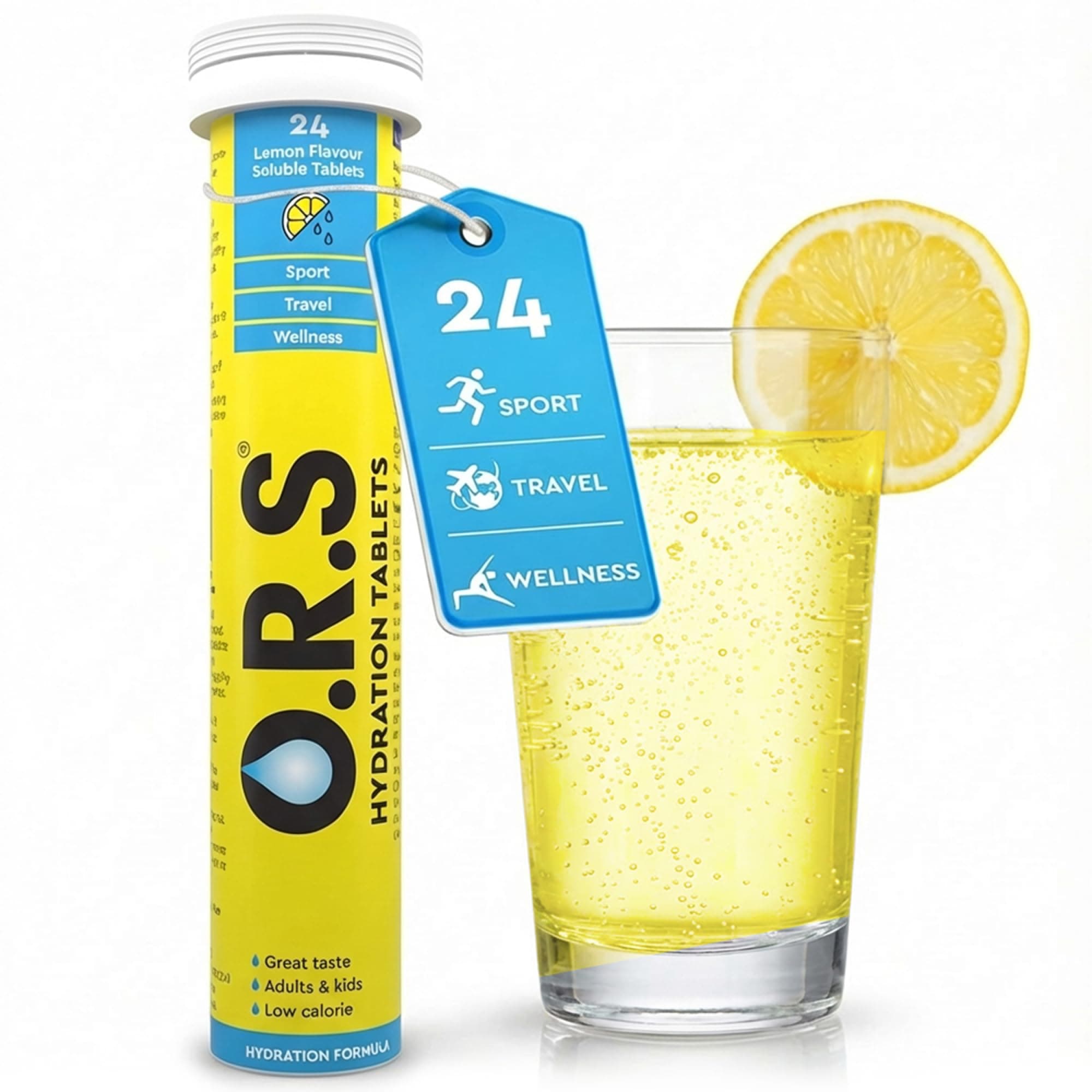O.R.S Hydration Tablets with Electrolytes for Rehydration, Wellness, Travel, Sports & Recovery | Vegan, Gluten-Free & Low-Calorie Electrolyte Tablets with Natural Lemon Flavour, 24 Tablets