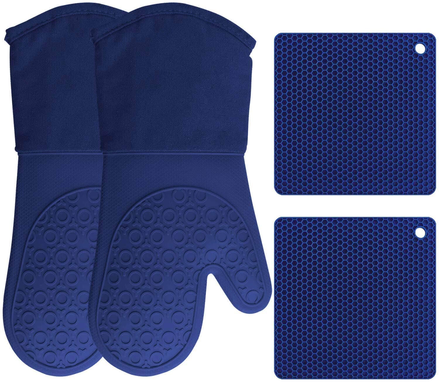 Silicone Oven Mitts and Pot Holders, 4-Piece Set, Heavy Duty Cooking Gloves, Kitchen Counter Safe Trivet Mats, Advanced Heat Resistance, Non-Slip Textured Grip