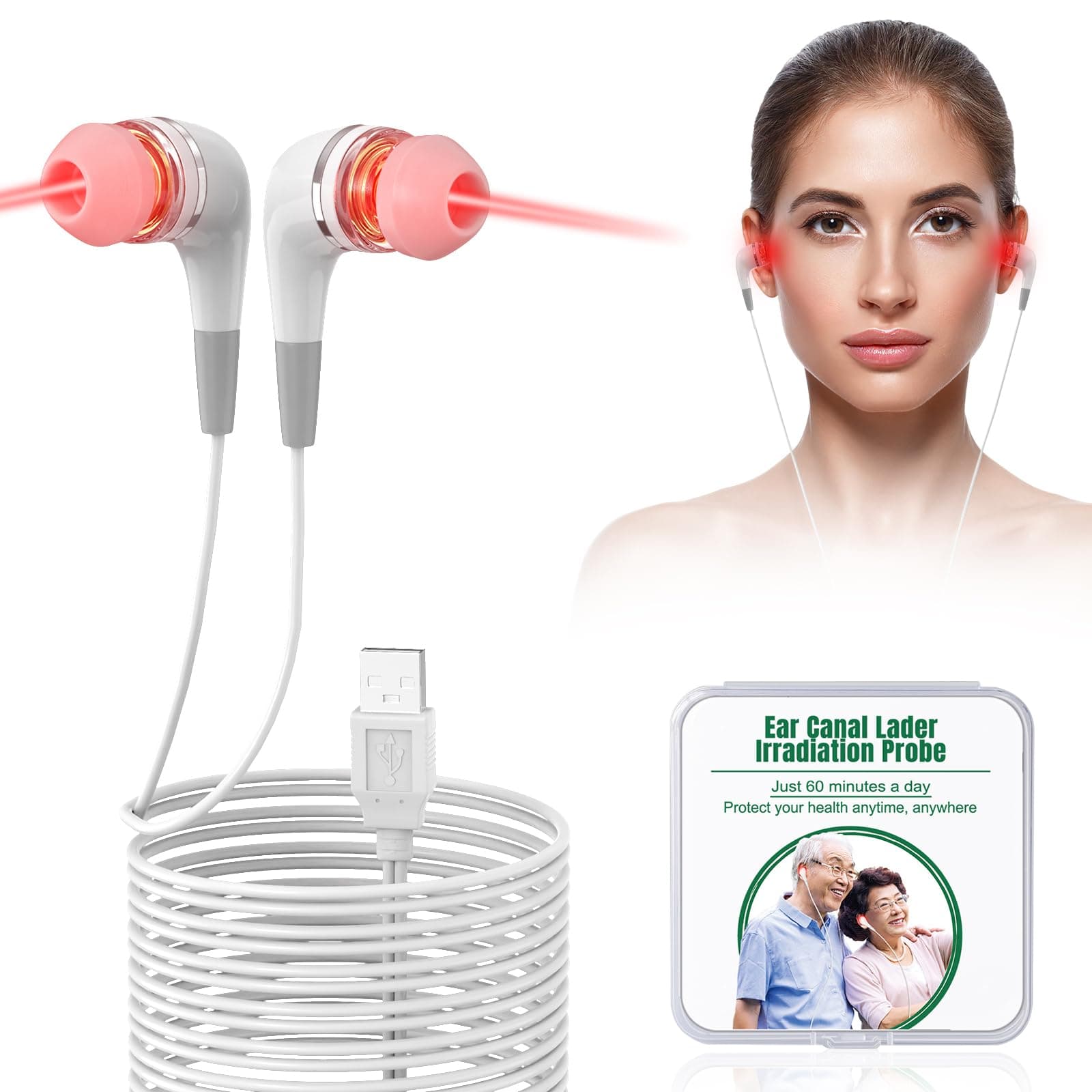 Red Light Therapy for Ears, USB Red Light Therapy for Ears, 650NM Red Light Ear Therapy Device with Two Pairs of Ear Canal Silicone