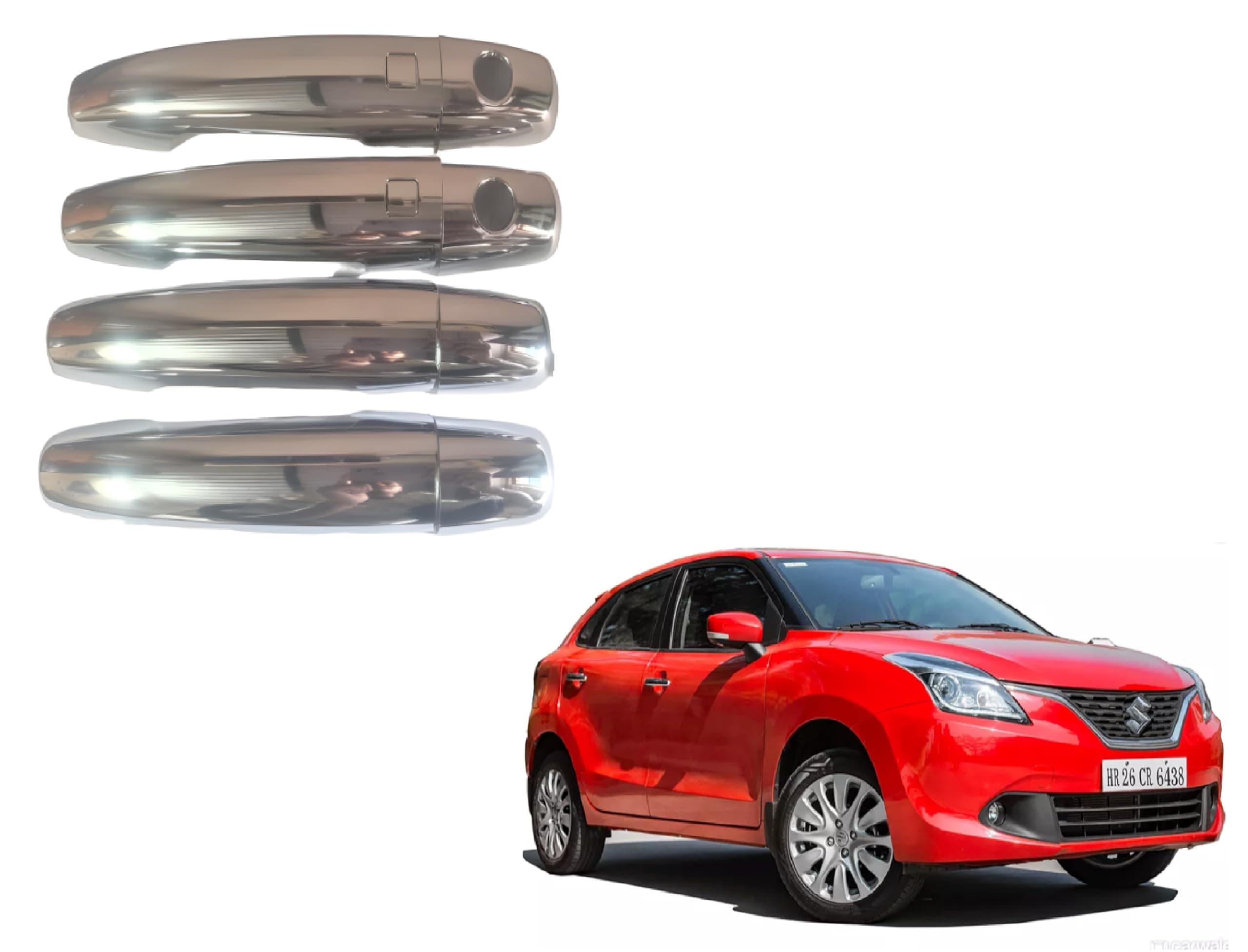 Maruti Suzuki Baleno 2015 Onwards Sensor Catch Cover with Sensor Hole Door Handle Cover/Protector, Chrome Finish, Silver, ABS Material,Set of 4 Pcs