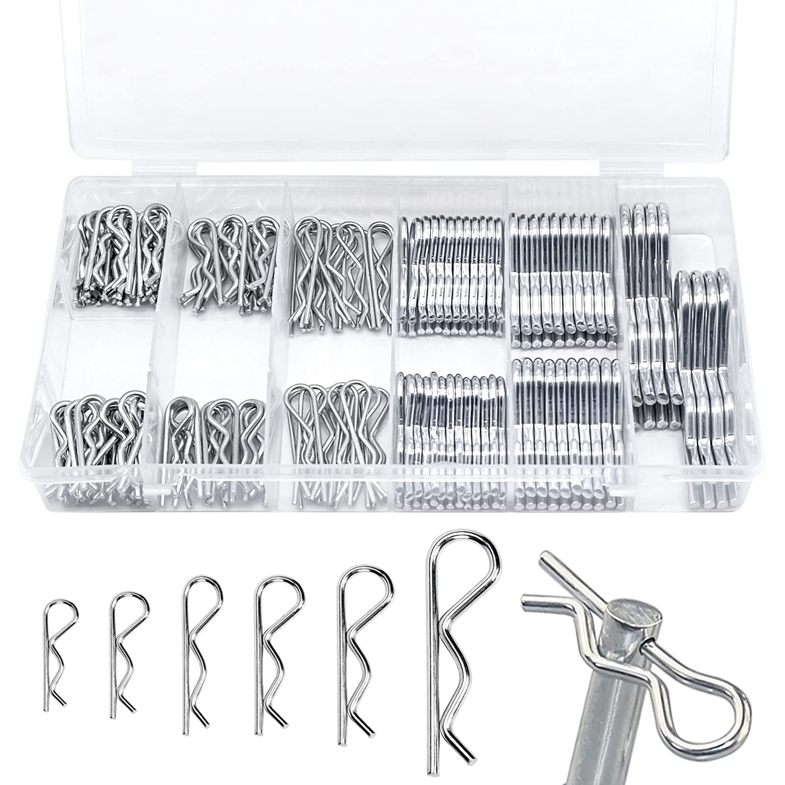 150pcs Cotter Pins Assortment Kit, R Clips R Shaped Clips, Retaining Spring Hitch, Safe and Quick Tighten (6 Sizes)
