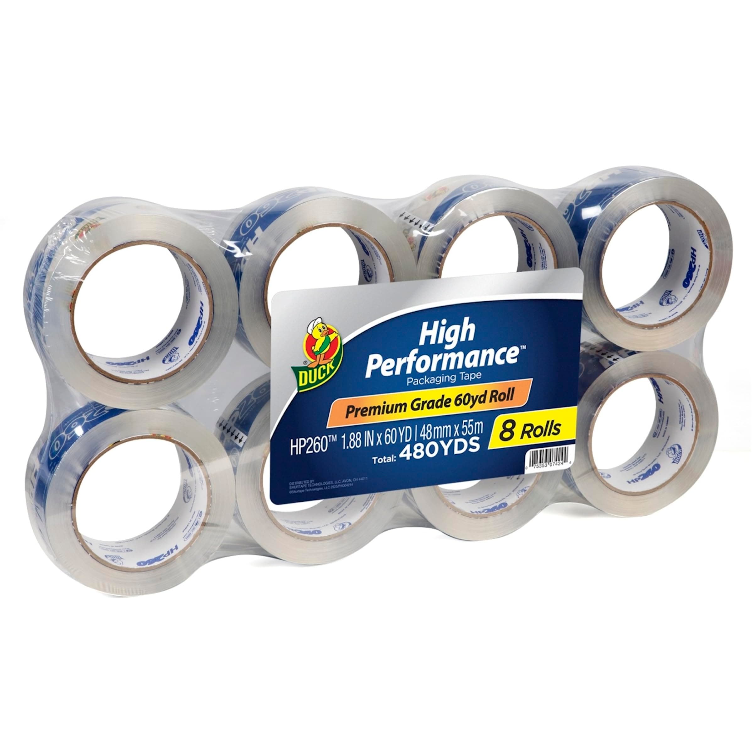 Duck High Performance Clear Packing Tape Refills - 8 Rolls of HP260 Strong Packaging Tape for Shipping, Moving, Mailing & Storage Boxes - 3" Core - 1.88 Inch x 60 Yards - Clear (1067839)