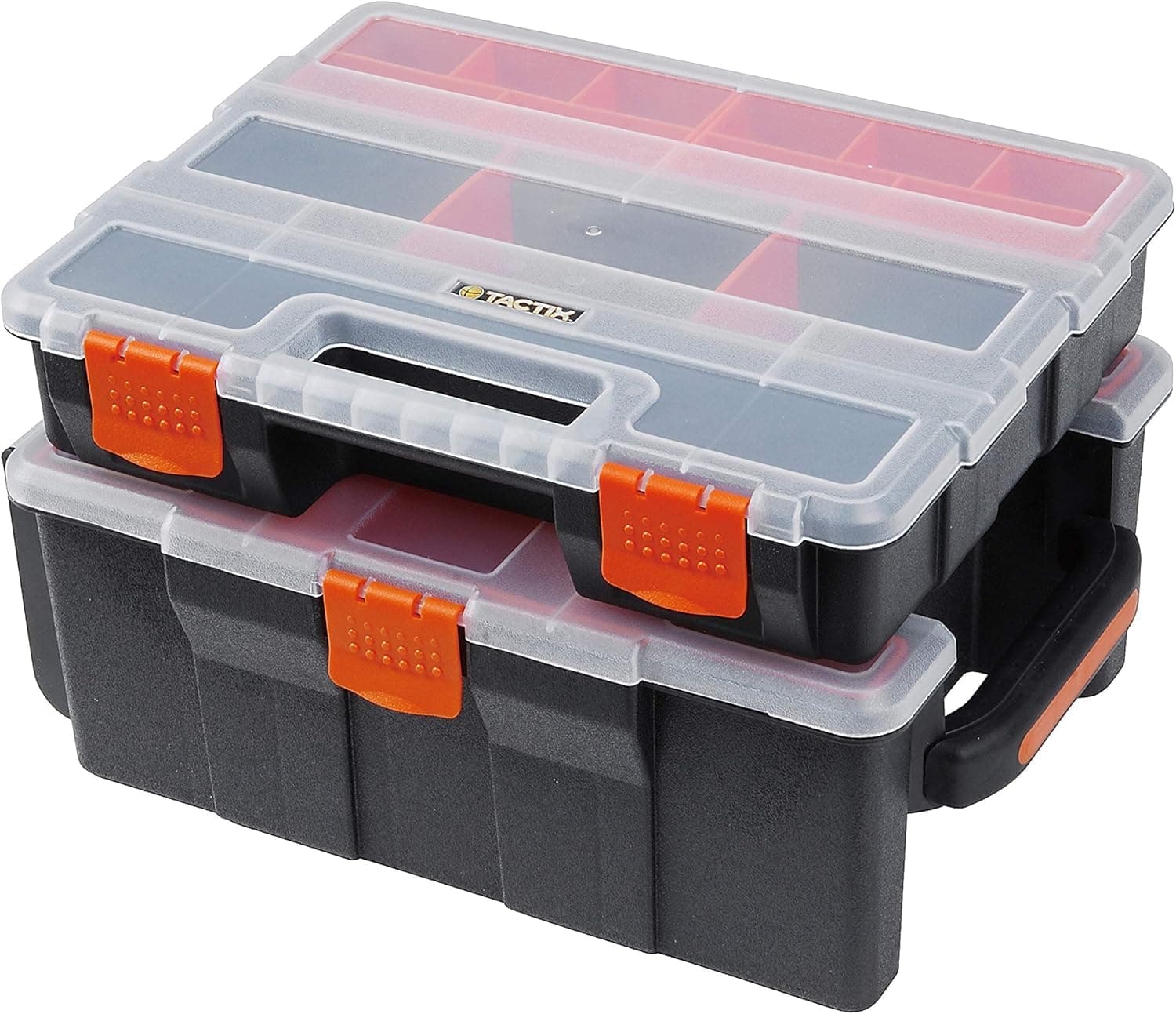 Hardware & Parts Organizers Set, 2 Piece Toolbox, Customizable Compartment, Small Parts Organizer, Storage Tool Box, Removable trays, Black/Orange- 320033