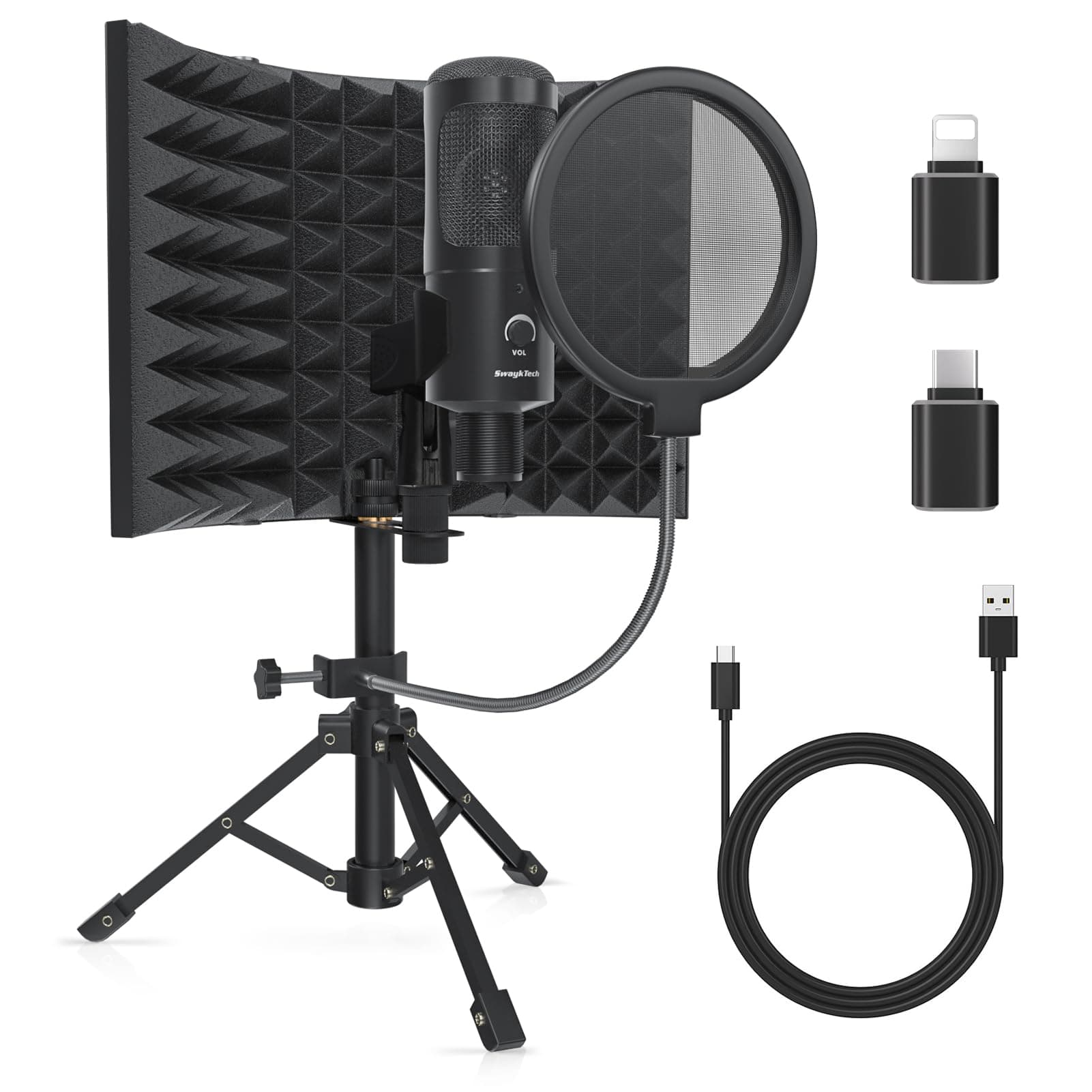 Studio Microphone with Isolating Screen, Pop Filter and Metal Tripod Stand, Studio Microphone for PC, Laptop and Smartphone, Microphone for Music Recording, Singing and Podcasts