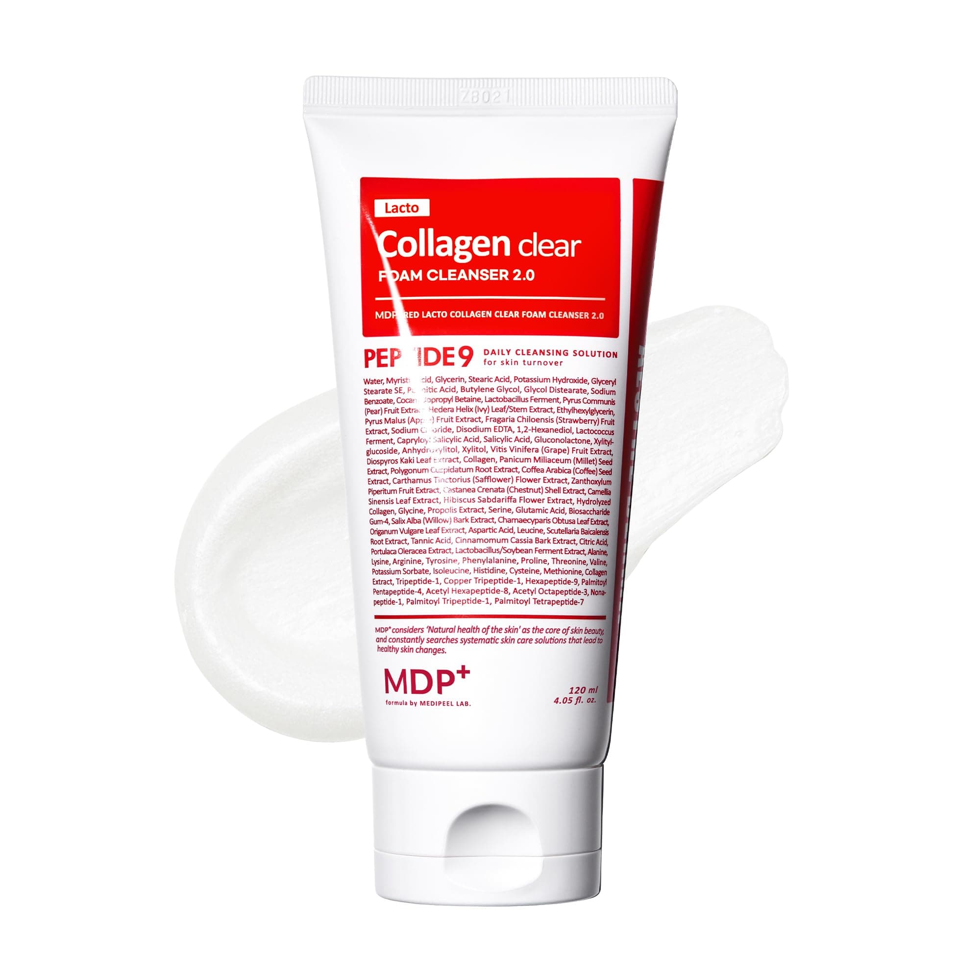 M.D.P MDP+ RED LACTO COLLAGEN CLEAR 2.0, Peptide, Pore Tightening, Daily Moisturizing Cleanser, Deep Pore Cleansing, Foaming Facial Wash | 4.05 fl.oz, 120ml