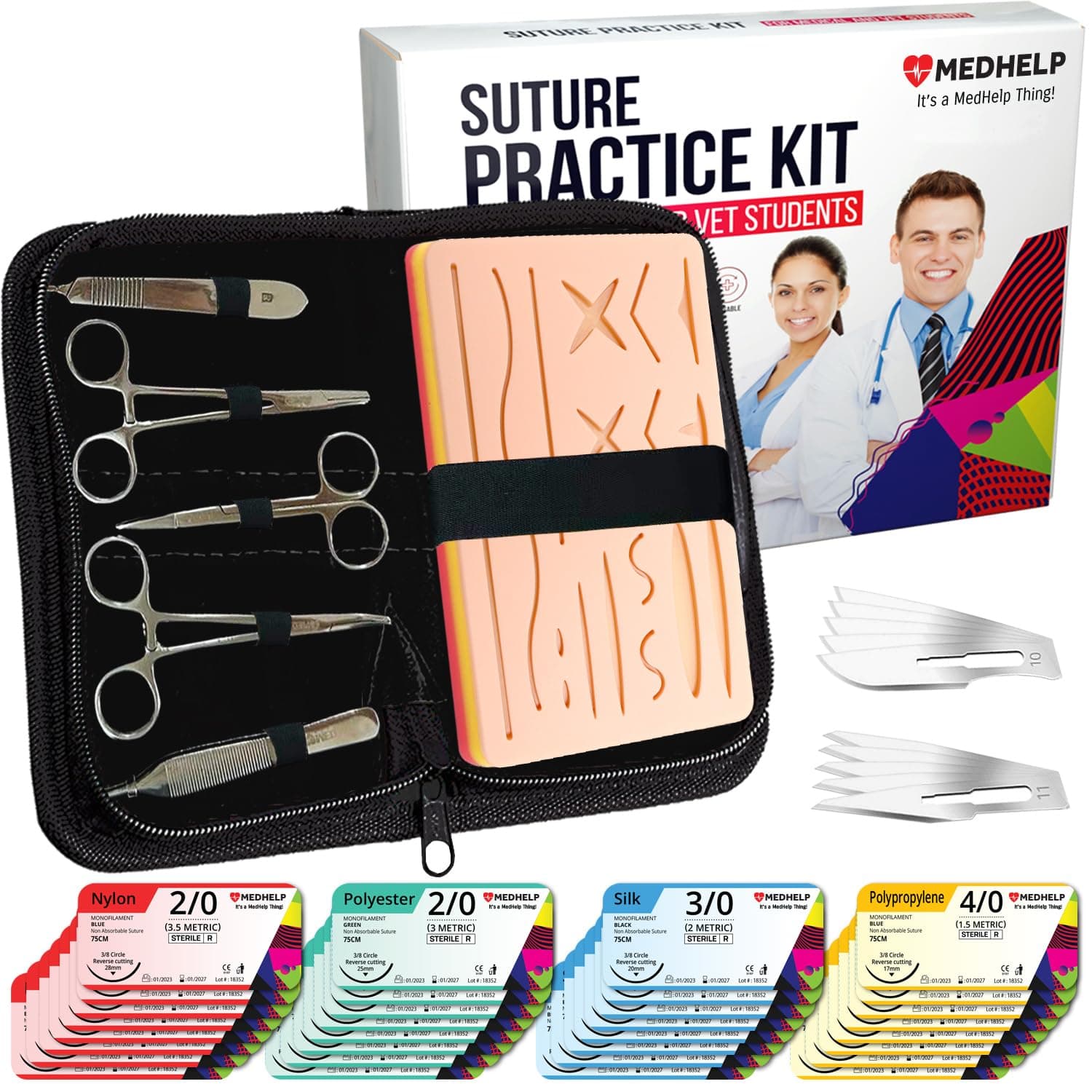 MedHelp 49 PCS Suture Practice Kit, Complete Medical Suture Kit for Surgical Training: Silicone Suture Pad, Sterile Sutures Thread with Needle, Gift for Medical Students