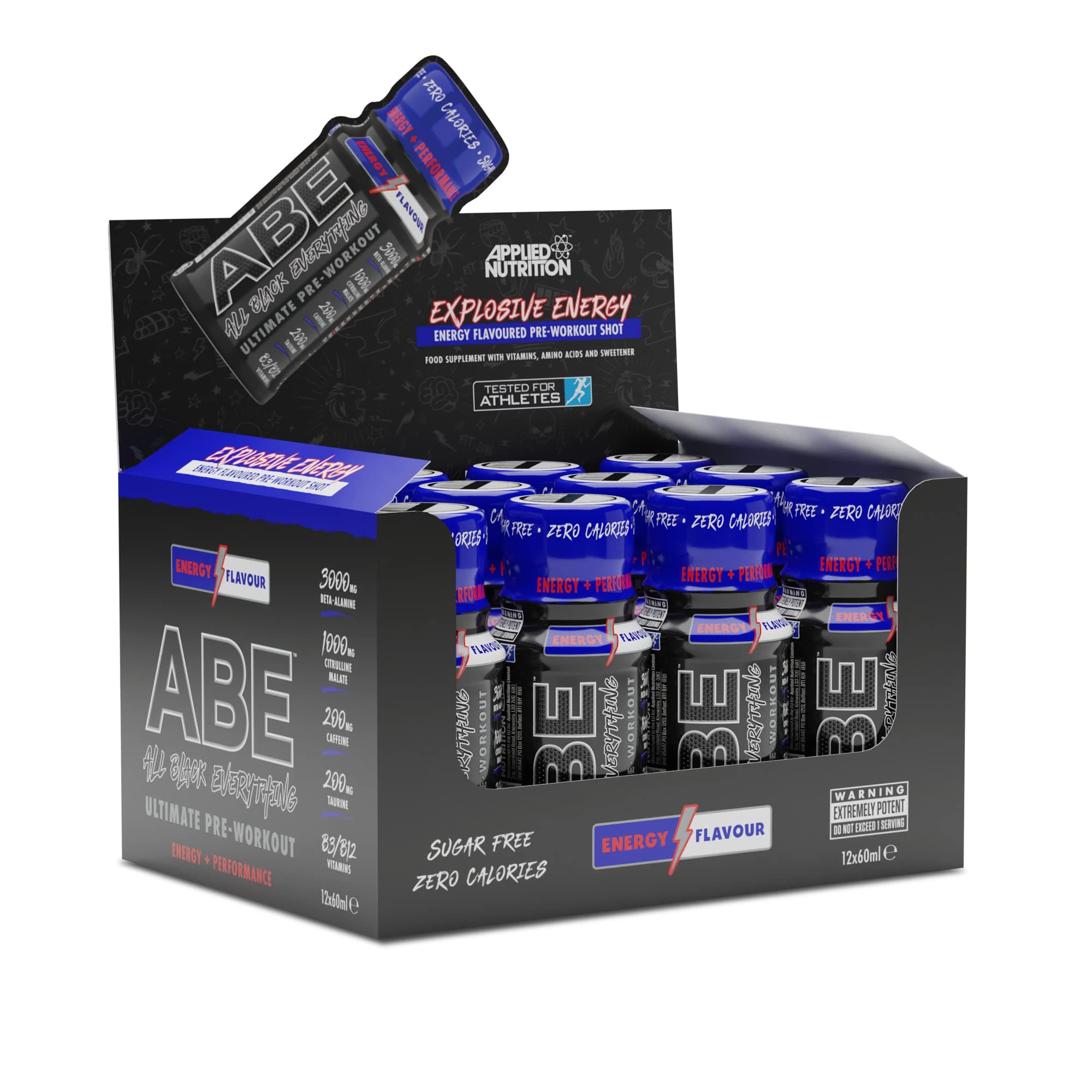 ABE Pre Workout Shot - All Black Everything Pre Workout Energy Shots, Physical Performance with Citrulline, Beta Alanine, Caffeine (Box 12 Units x 60ml) (Energy Flavour)