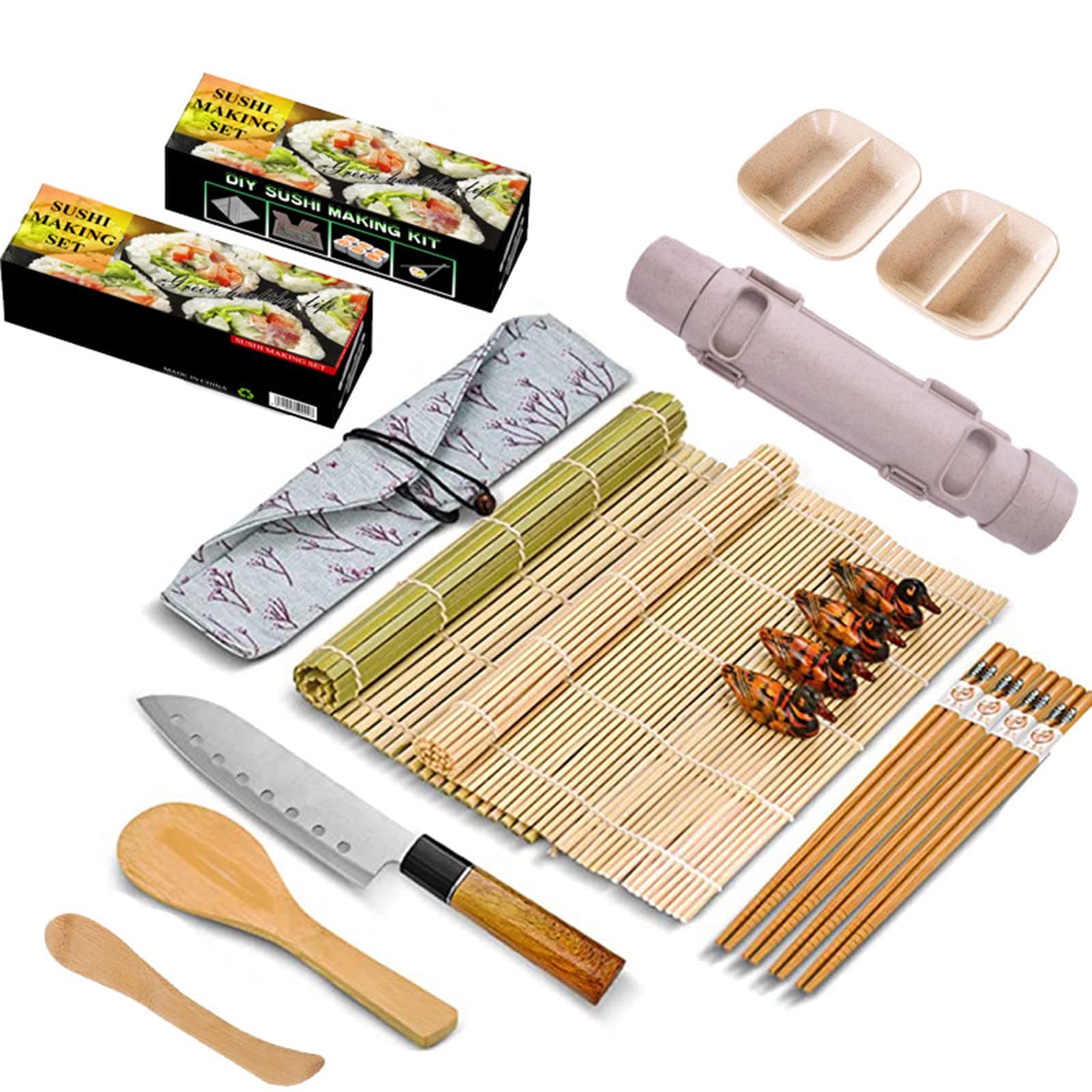 All-in-One Sushi Making Kit - Bamboo Mat, Bazooka Maker, Chopsticks, Paddle, Spreader, Knife, Holder, Cotton Bag, DIY Roller Machine (Beige)
