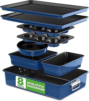 NutriChef Nonstick Stackable Bakeware Set 8-Piece, PFOA PFOS PTFE Free Cookware Set, Non-Stick Coating, 232°C Oven Safe, Includes Round Cake, Cookie Sheet, Non Toxic Cookware for Home Baking (Blue)