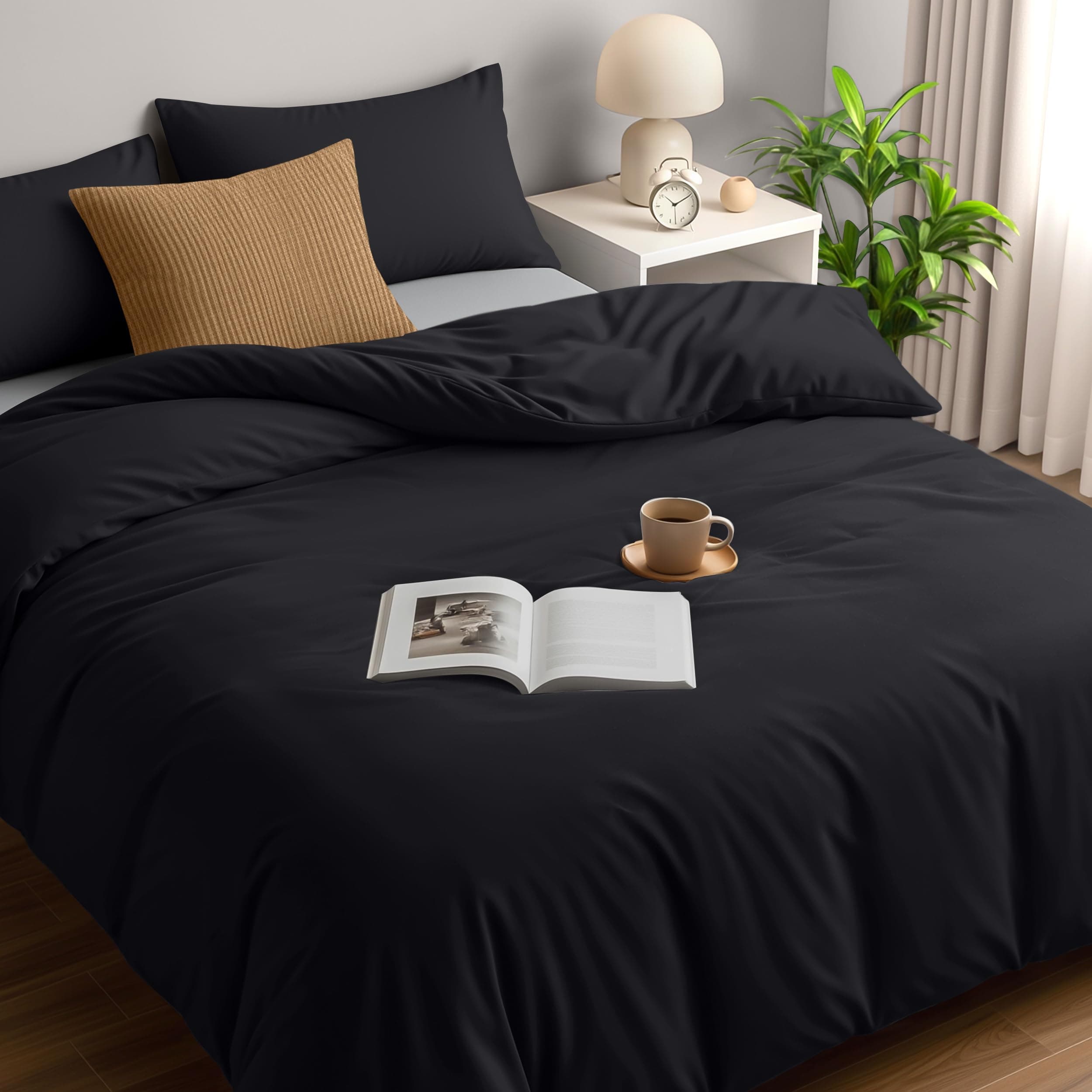 Duvet Cover Double with Pillow cases - Soft Microfibre Polyester - Bedding Quilt Cover Set (Black)