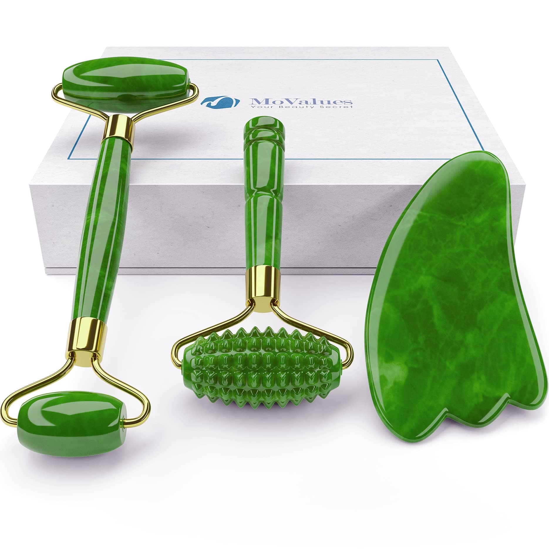 4-in-1 Jade Roller and Gua Sha Set, Jade Face Roller with Eye Massager, Jade Gua Sha, Ridged Roller Massager, Jade Face Massage Tool 100% Real Jade Stone Roller. Facial Ice Roller or Warm Roller
