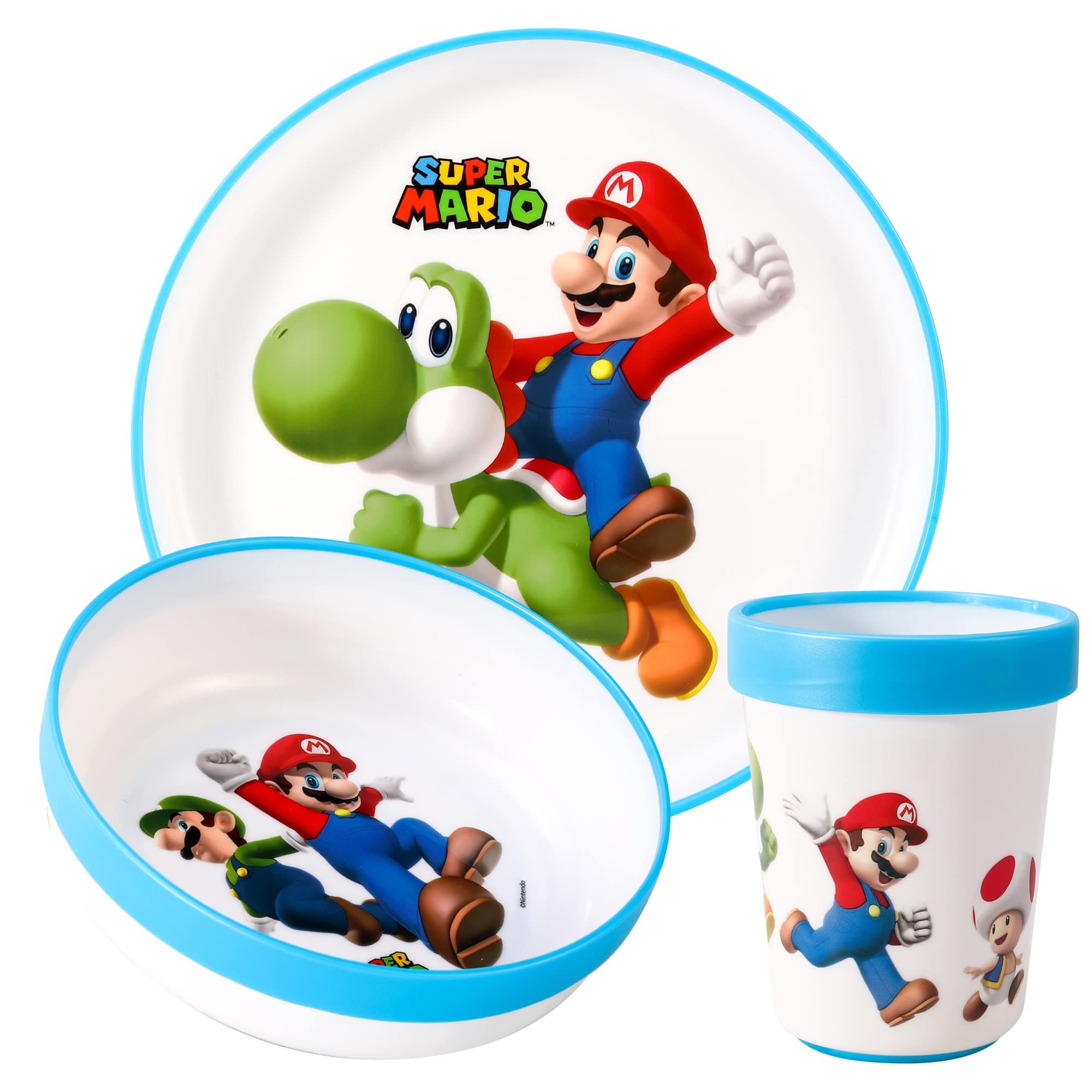 Super Mario 3pcs Reusable Bicolor Premium Kids Dinner Tableware Set Plate, Bowl & Tumbler, BPA Free