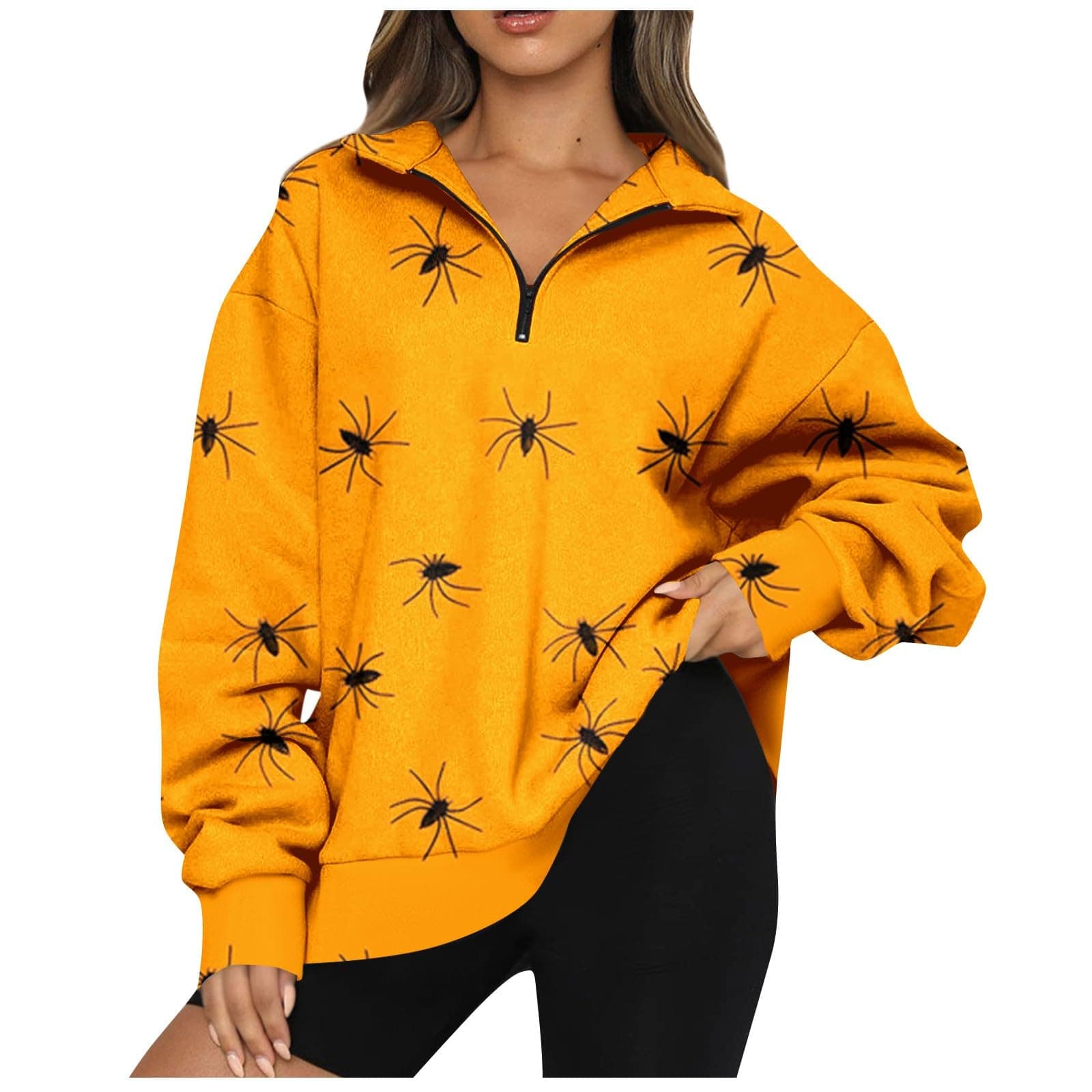 Women Halloween Sweatshirt Quarter Zip Pullover Oversized Fleece Pullover Trendy Pumpkin Bat Lapel Y2k Hoodie