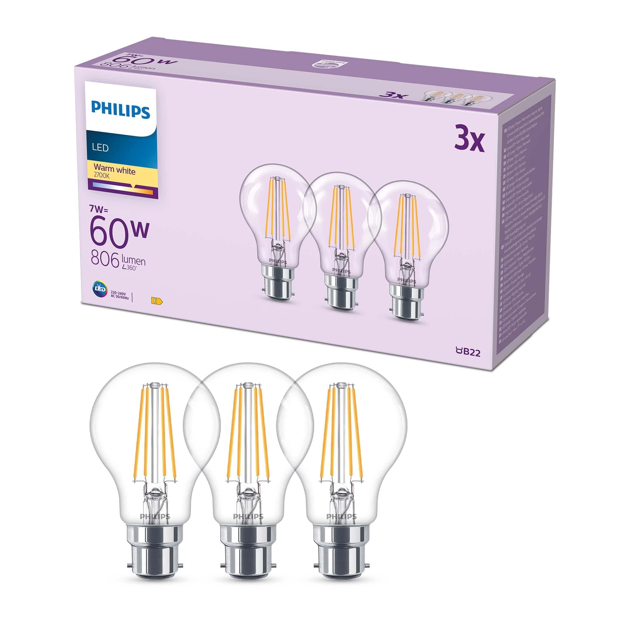 Philips LED A60 Light Bulb 3 Pack [Warm White 2700K - B22 Bayonet Cap] 60W, Non Dimmable. for Home Lighting, 929001387493