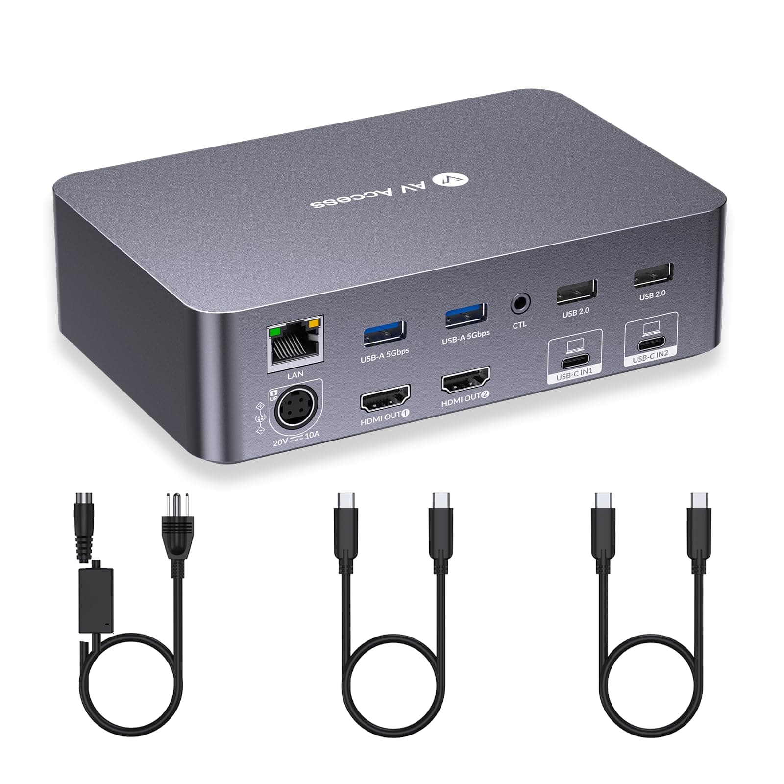 v AV Access KVM Switch Dock 2 Monitors 2 Laptops, 4K KVM Switch Dual Monitor, 2 USB-C MST Ports, 60W PD for Each PC, 1G Ethernet, EDID Emulation, 2K@144Hz, 1080P@240Hz, Ideal for Home Office & Gaming