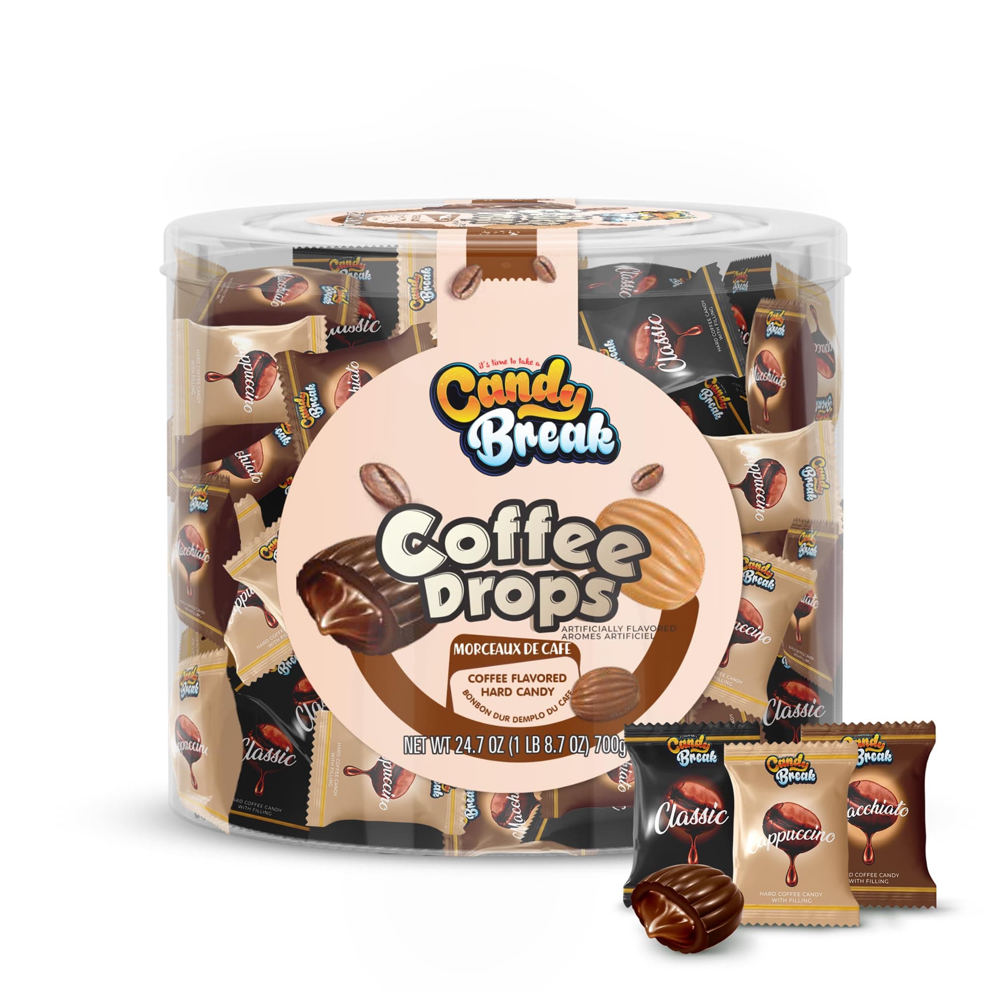 Candy Break Coffee Drops, Center Filled Hard Candy, Coffee Candy Individually Wrapped, Macchiato, Espresso, Cappuccino Flavored Candies, Caffeine Candies 24.7 Oz Bulk Bag, Variety Pack of 1