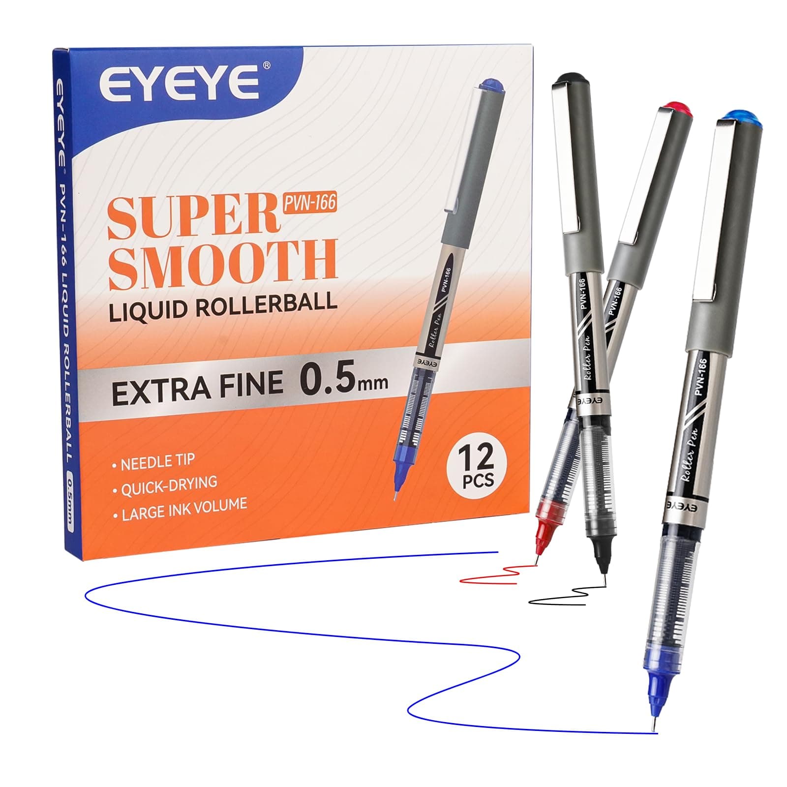 EYEYE 0.5mm Rollerball Pens Needle Tip, 12 Pack 3 Colors Extra Fine Point Roller Ball Pen Quick Dry, Liquid Ink Pens Fine Point Smooth Writing Pen for Journaling, Note Taking, Office, School Supplies