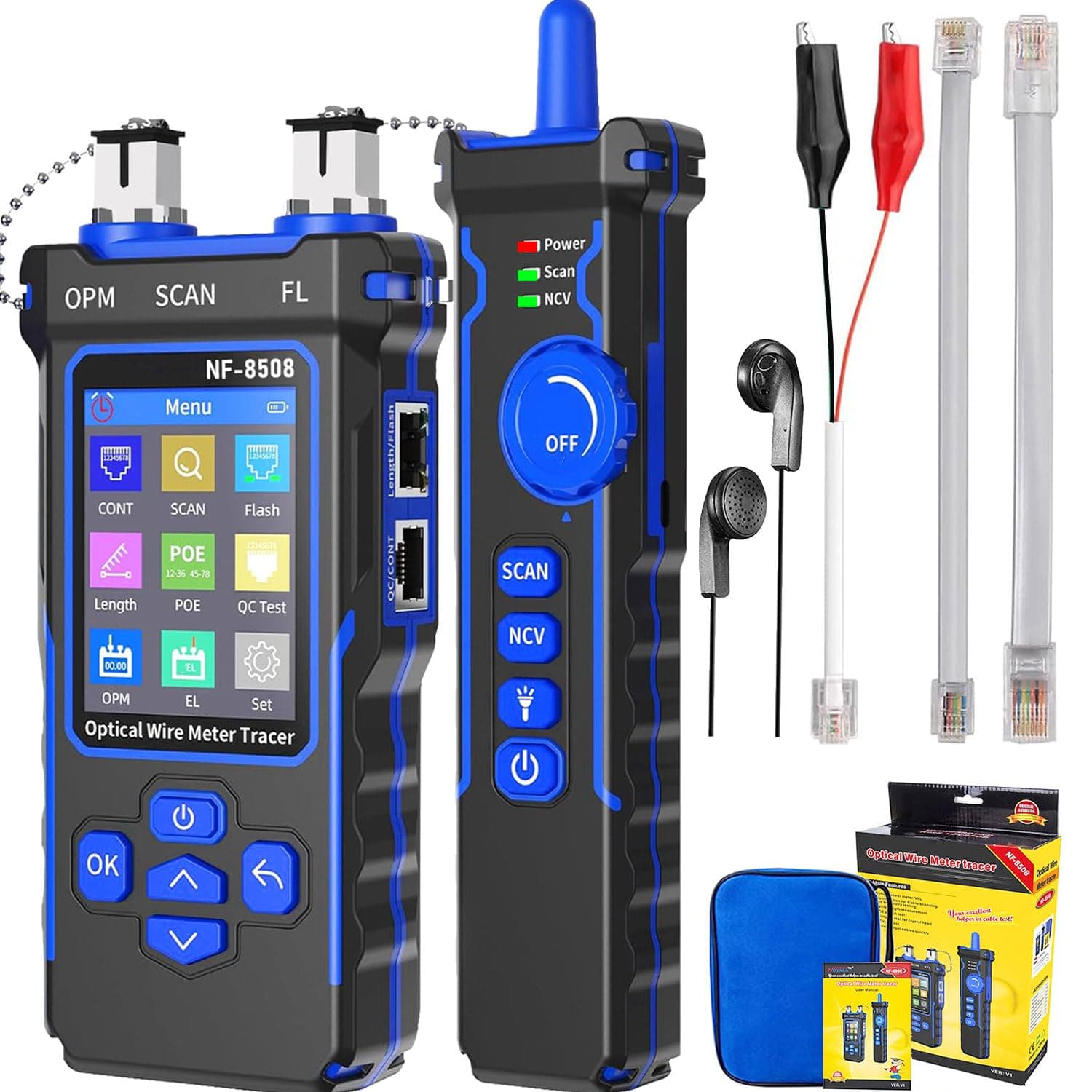 NOYAFA NF-8508 Network Cable Tester with 7 wavelength Optical Power Meter VFL,RJ11 RJ45/PoE Tester/CAT5 CAT6/NCV with 10mw Visual Fault Locator,Network Tool with Lithium Battery