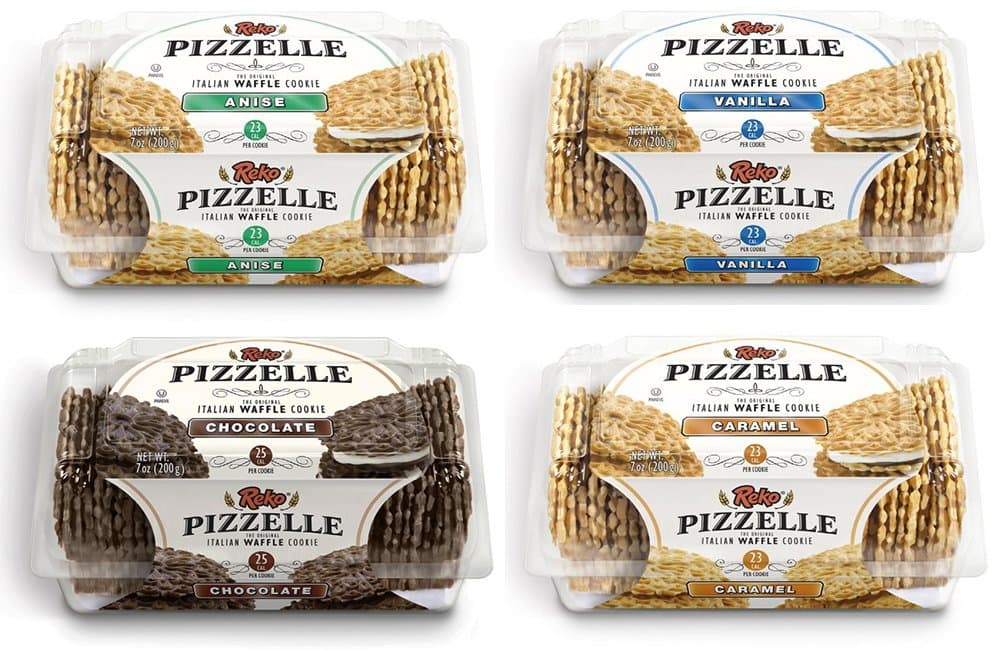 Reko Pizzelle Authentic Italian Style Waffle Cookie Sampler: 1 Pack Each Anise, Dark Chocolate, Dulce de Leche, Vanilla