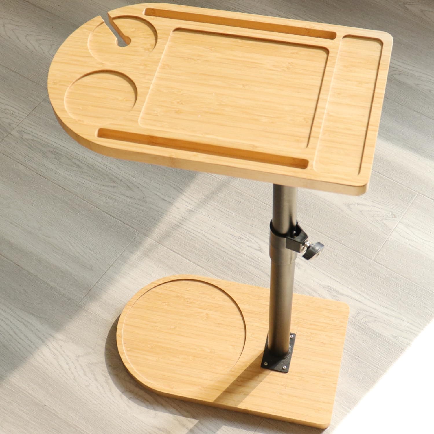 360° Rotatable Sofa Tray Table for Couch Arm - Height Adjustable End Table for Bed or Chair with Phone & Tablet Slots, TV Tray Table, Side Table Tray for Small Spaces(Bamboo,Arc)