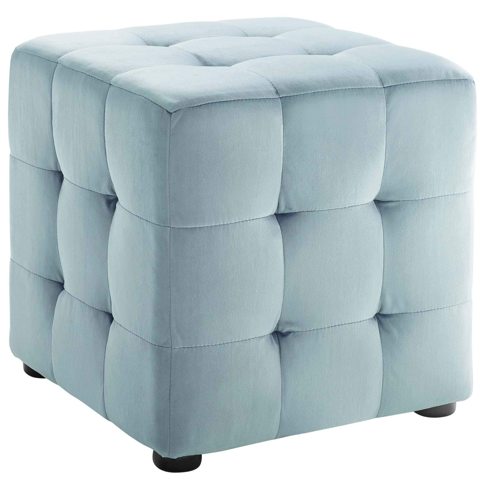 Contour Tufted Button Cube Performance Velvet Ottoman, Light Blue